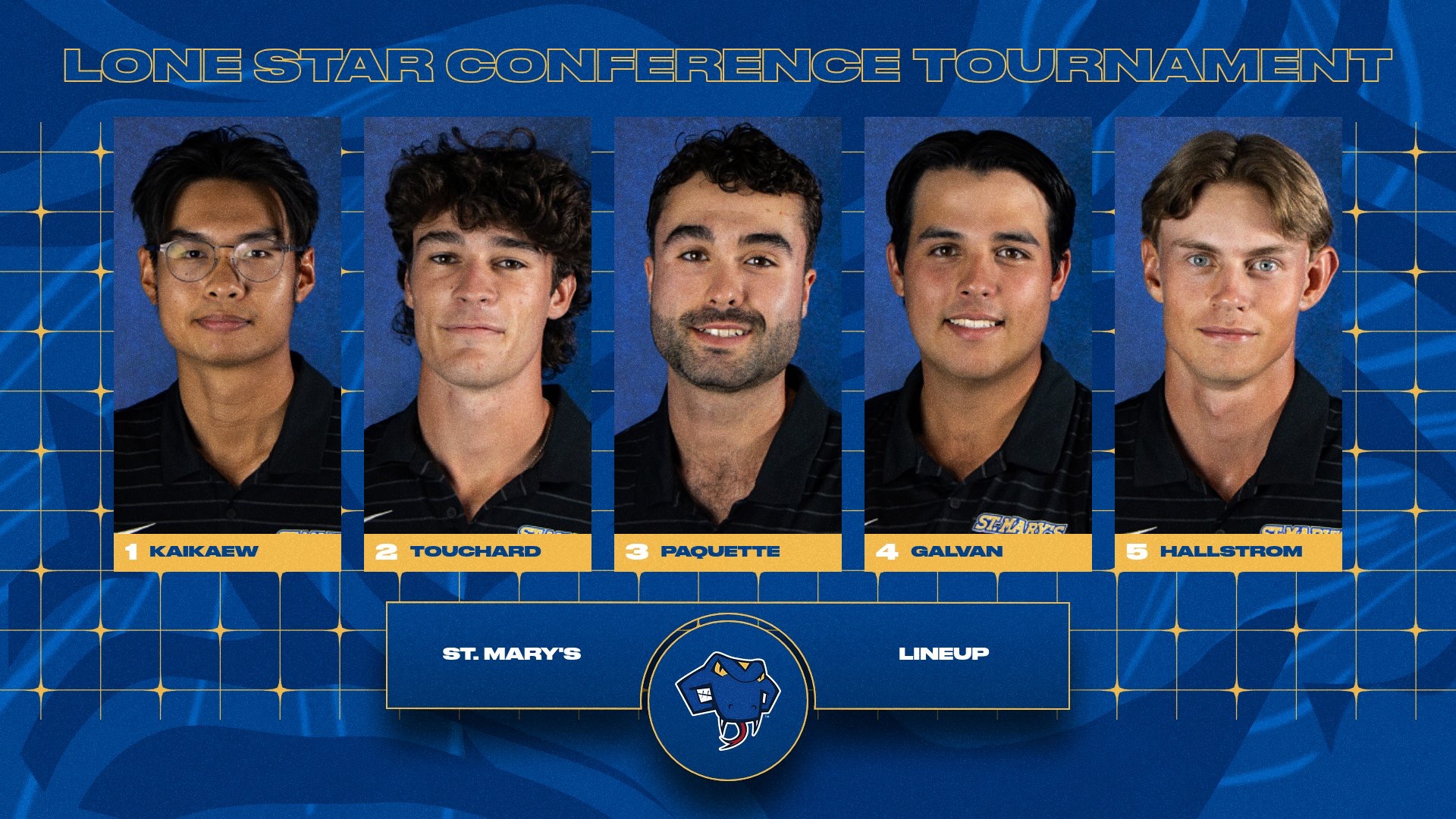 Graphic with headshots of the five men's golfers aross the middle. The words Lone Star Conference Tournament are across the top