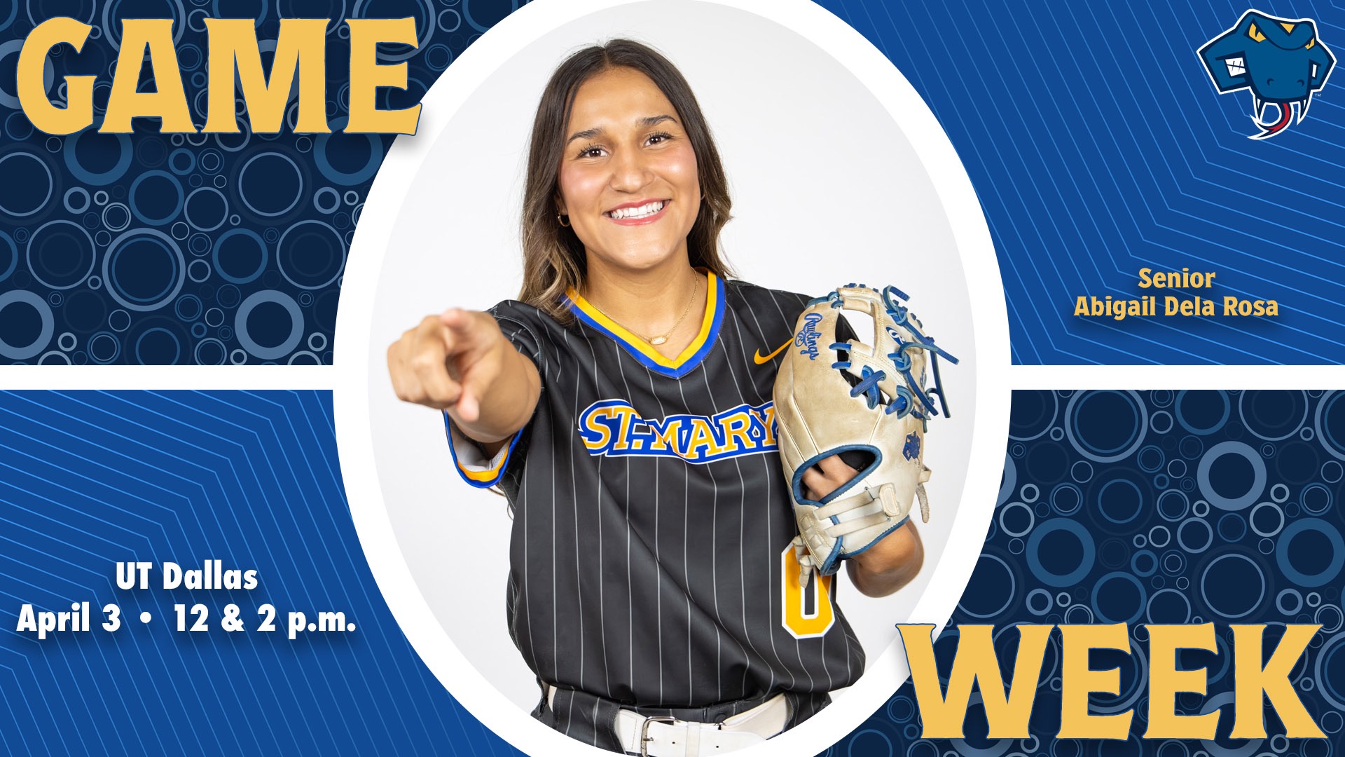 Graphic divided into quarters. In top left is the word Game, while the word Week is on the bottom right. In the center is Abigail Dela Rosa with her name to the right. In the bottom left are the words 