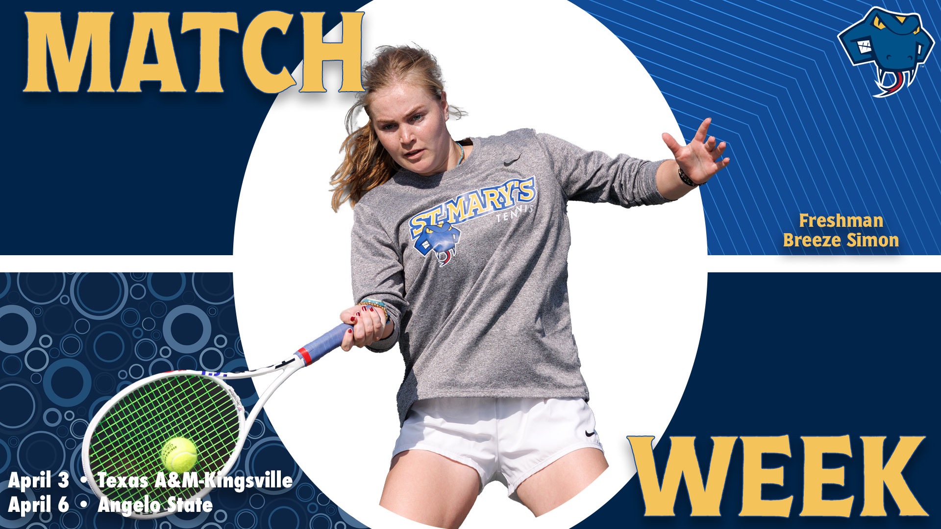 Graphic divided into quarters. In top left is the word Match, while the word Week is on the bottom right. In the center is Breeze Simon with her name to the right. In the bottom left are the words 