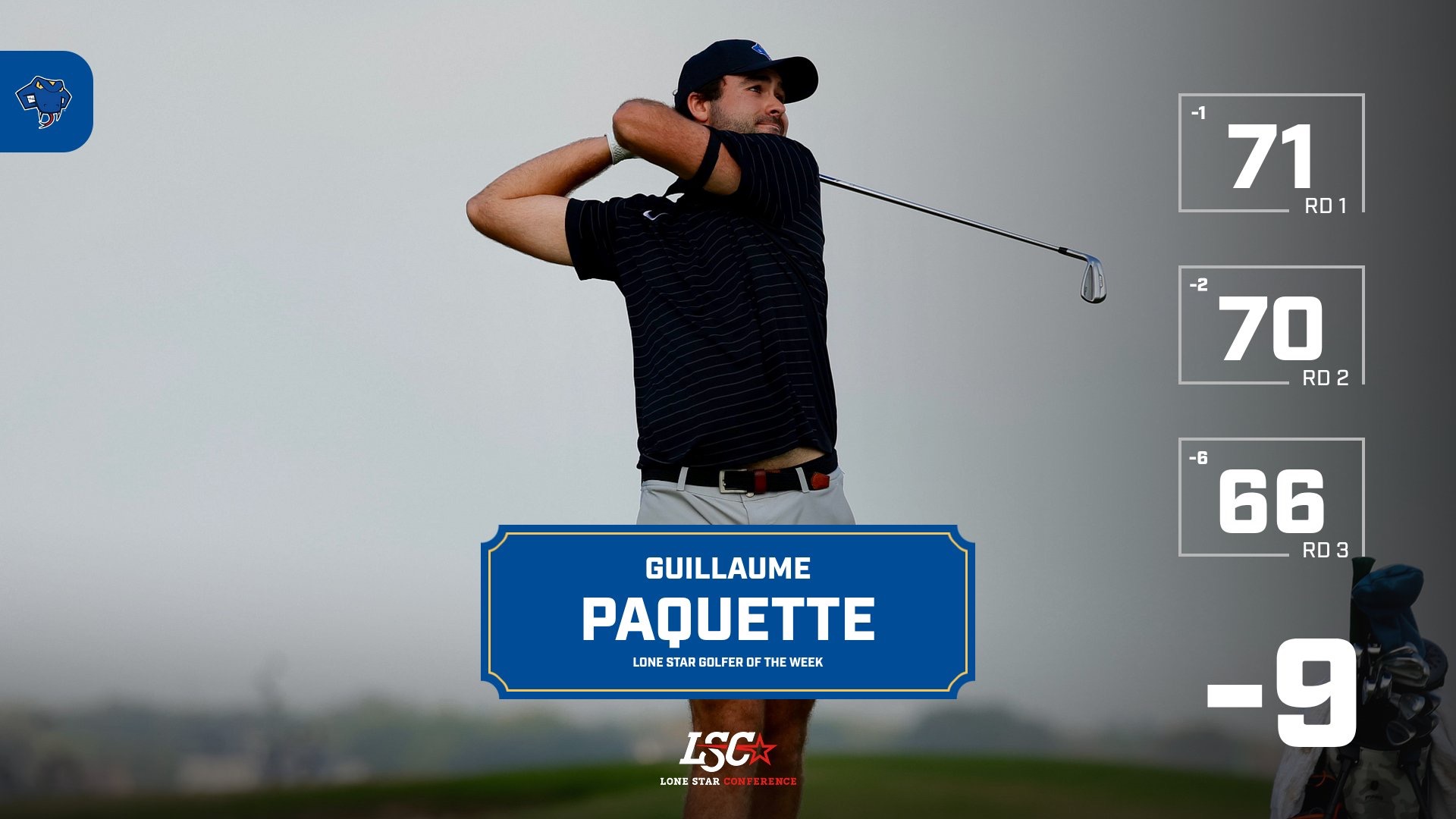 Graphic with picture of Guillaume Paquette teeing off. Overlaid in a blue box are the words 
