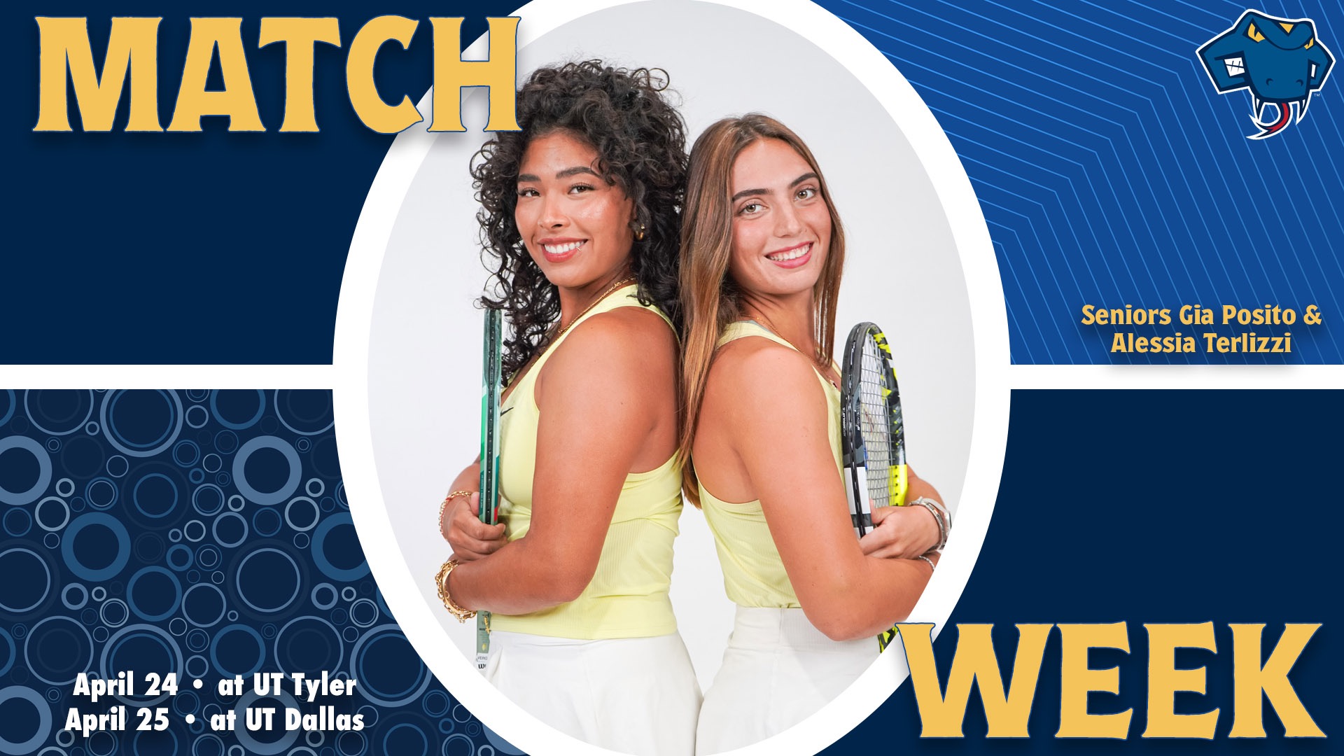 Graphic divided into quarters. In top left is the word Game, while the word Week is on the bottom right. In the center is Gia Posito and Alessia Terlizzi standing back-to-back with their names to the right. In the bottom left are the words 