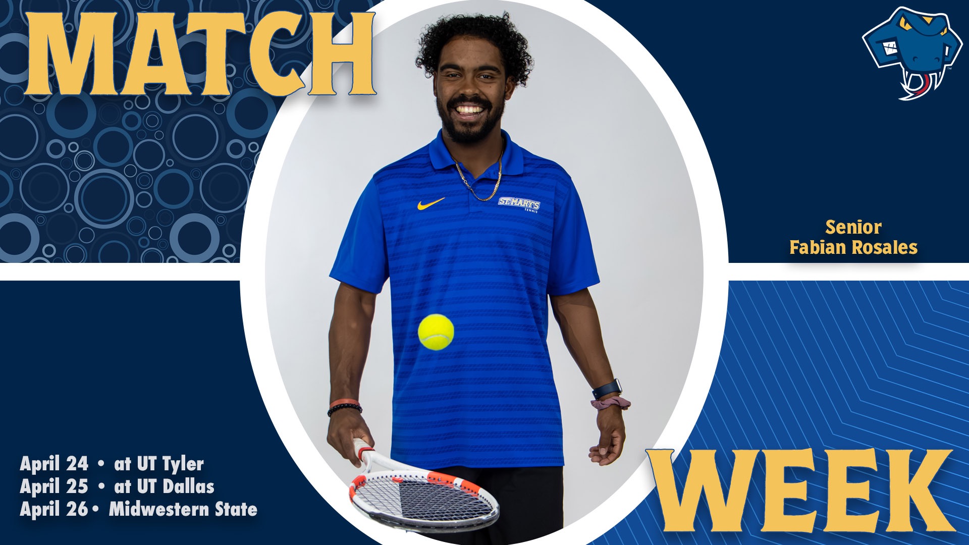 Graphic divided into quarters. In top left is the word Match, while the word Week is on the bottom right. In the center is Fabian Rosales with his name to the right. In the bottom left are the words 