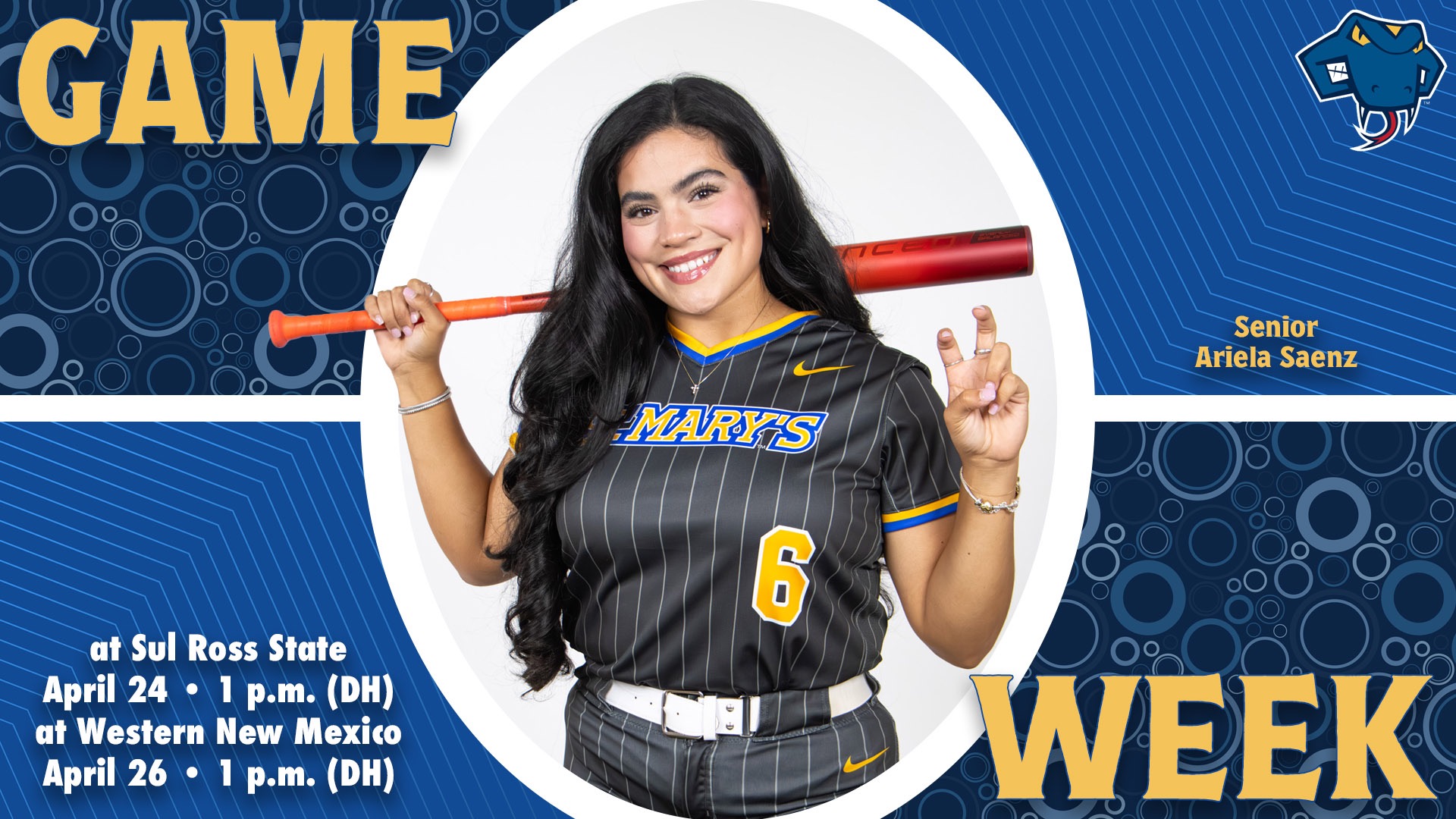 Graphic divided into quarters. In top left is the word Game, while the word Week is on the bottom right. In the center is Ariella Saenz with her name to the right. In the bottom left are the words 