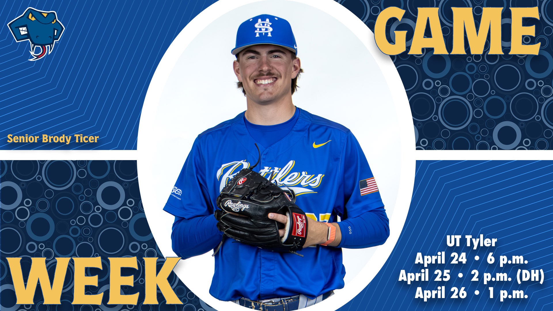 Graphic divided into quarters. In top right is the word Game, while the word Week is on the bottom left. In the center is Brody TIcer with his name to the left. In the bottom right are the words 