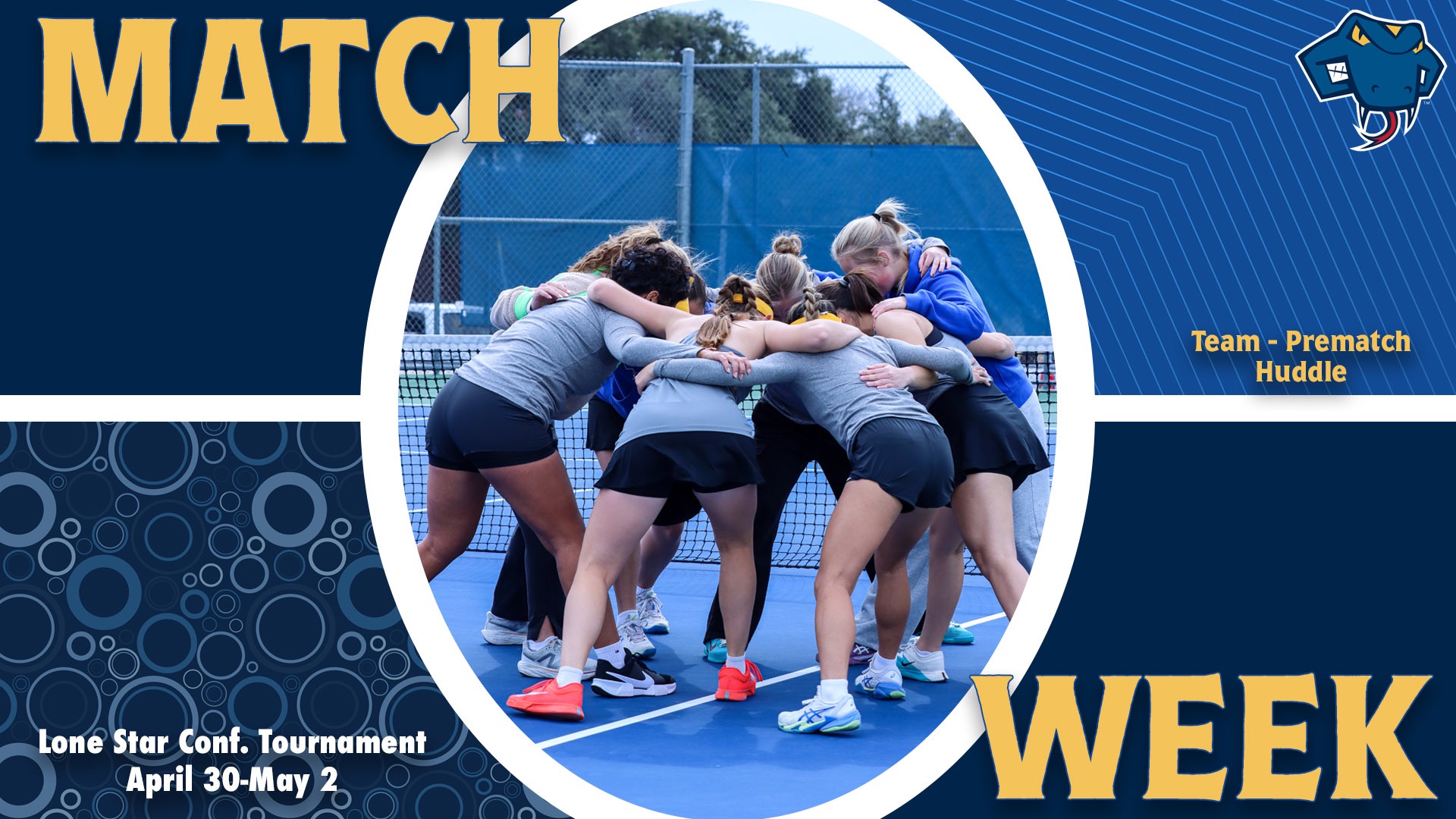 Graphic divided into quarters. In top left is the word Match, while the word Week is on the bottom right. In the center is the team arm in arm in a huddle. In the bottom left are the words 