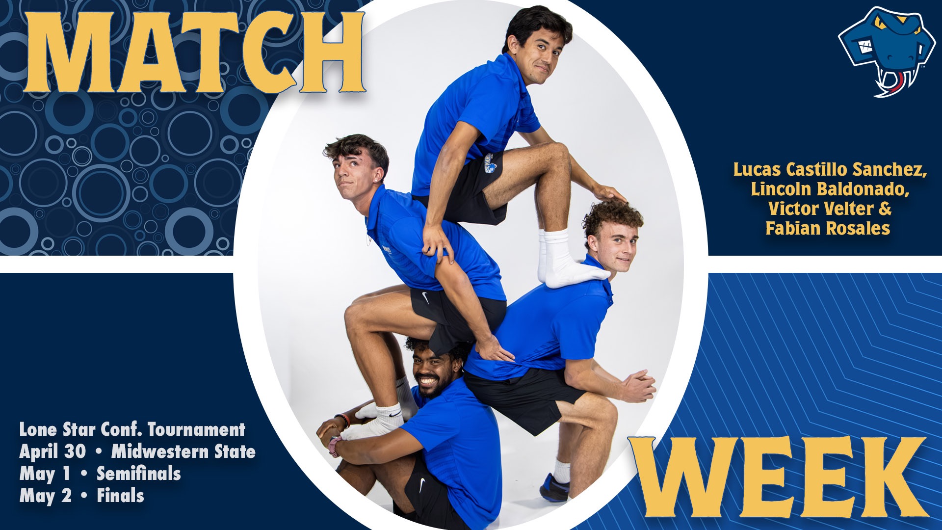 Graphic divided into quarters. In top left is the word Match, while the word Week is on the bottom right. In the center is Lucas Castillo Sanchez, Lincoln Baldonado, Victor Velter and Fabian Rosales in a staggered tower with each sitting on shoulders of teammate below them with their names to the right. In the bottom left are the words 