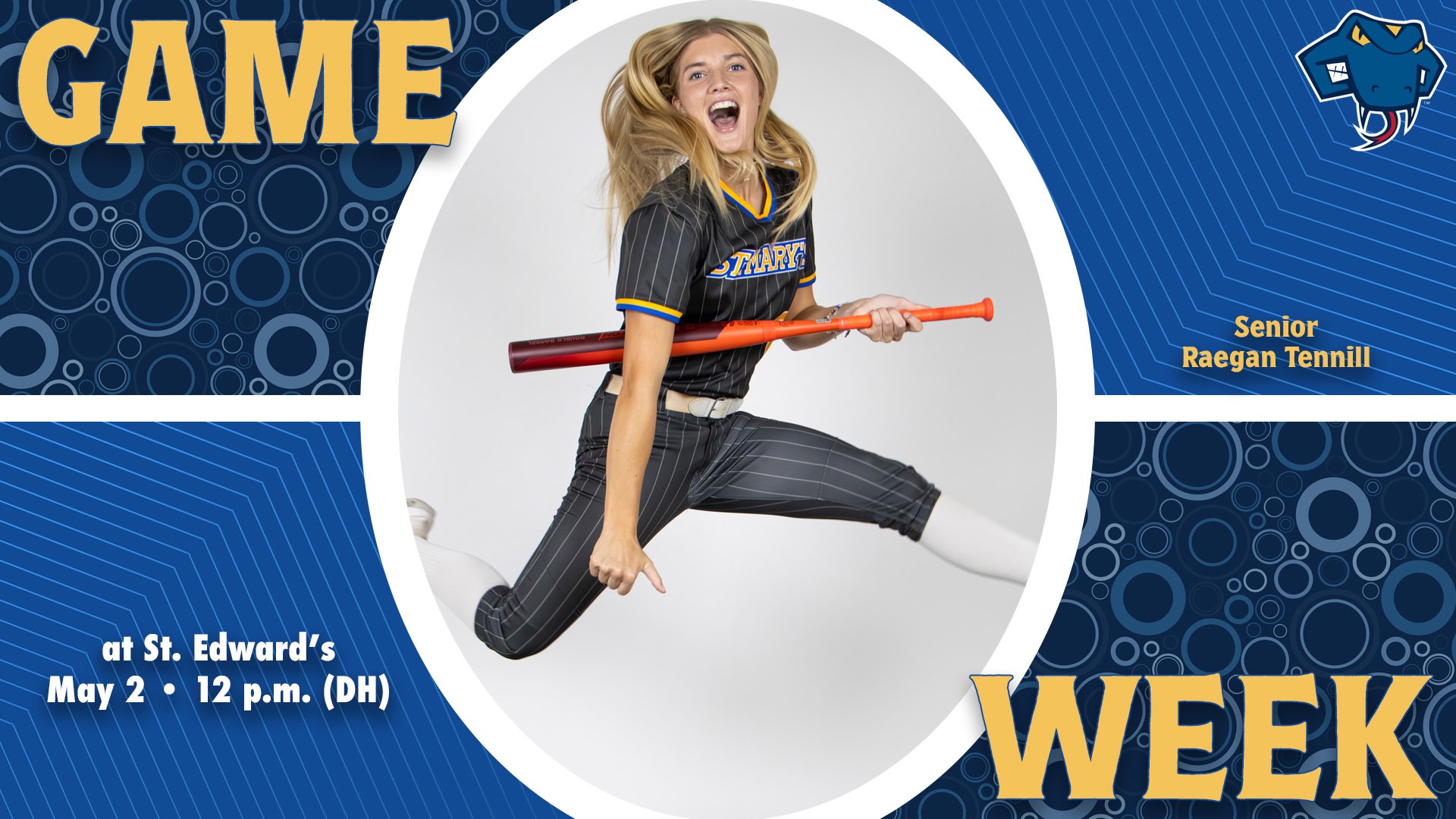 Graphic divided into quarters. In top left is the word Game, while the word Week is on the bottom right. In the center is Raegan Tennill jumping in the air with her bat like a guitar with her name to the right. In the bottom left are the words 
