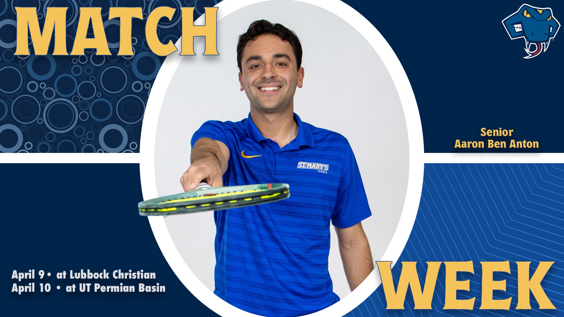 Graphic divided into quarters. In top left is the word Match, while the word Week is on the bottom right. In the center is Aaron Ben Anton with his name to the right. In the bottom left are the words 