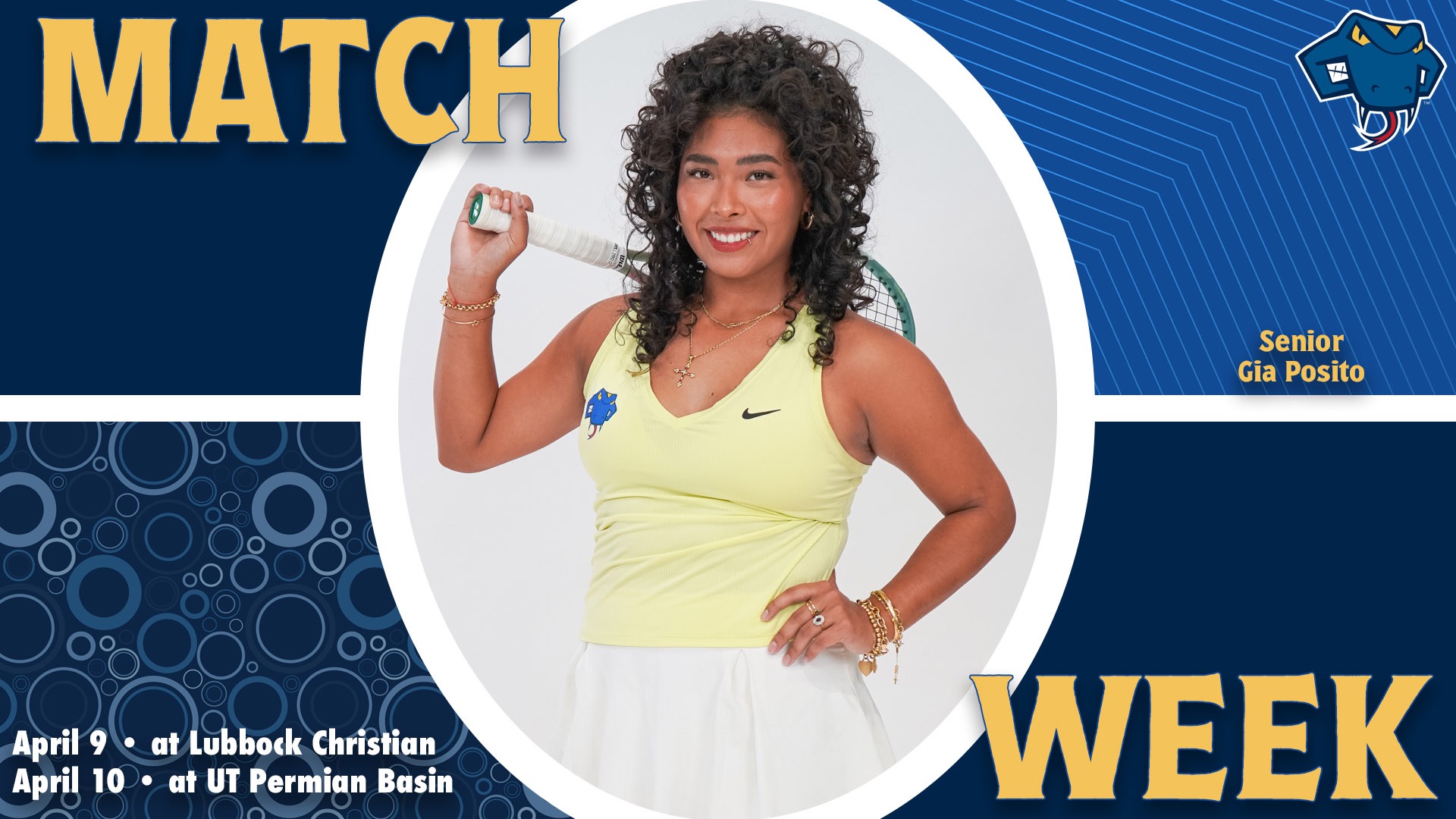 Graphic divided into quarters. In top left is the word Game, while the word Week is on the bottom right. In the center is Gia Posito with her name to the right. In the bottom left are the words 