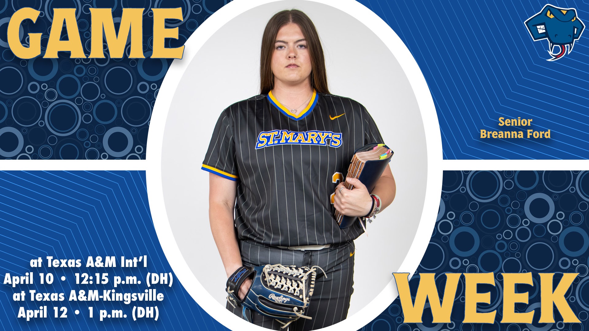 Graphic divided into quarters. In top left is the word Game, while the word Week is on the bottom right. In the center is Breanna Ford with her name to the right. In the bottom left are the words 