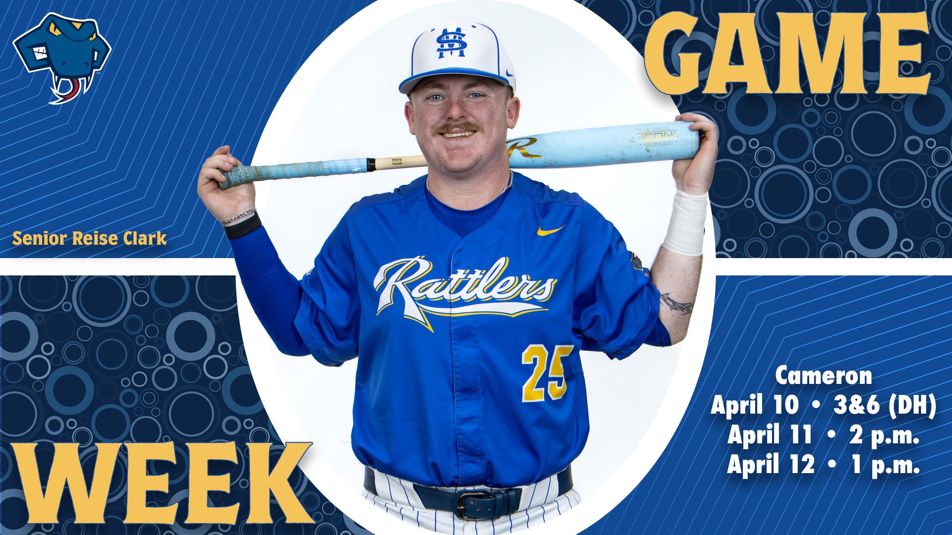 Graphic divided into quarters. In top right is the word Game, while the word Week is on the bottom left. In the center is Reise Clark with a bat on his shoulders and his name to the left. In the bottom right are the words 