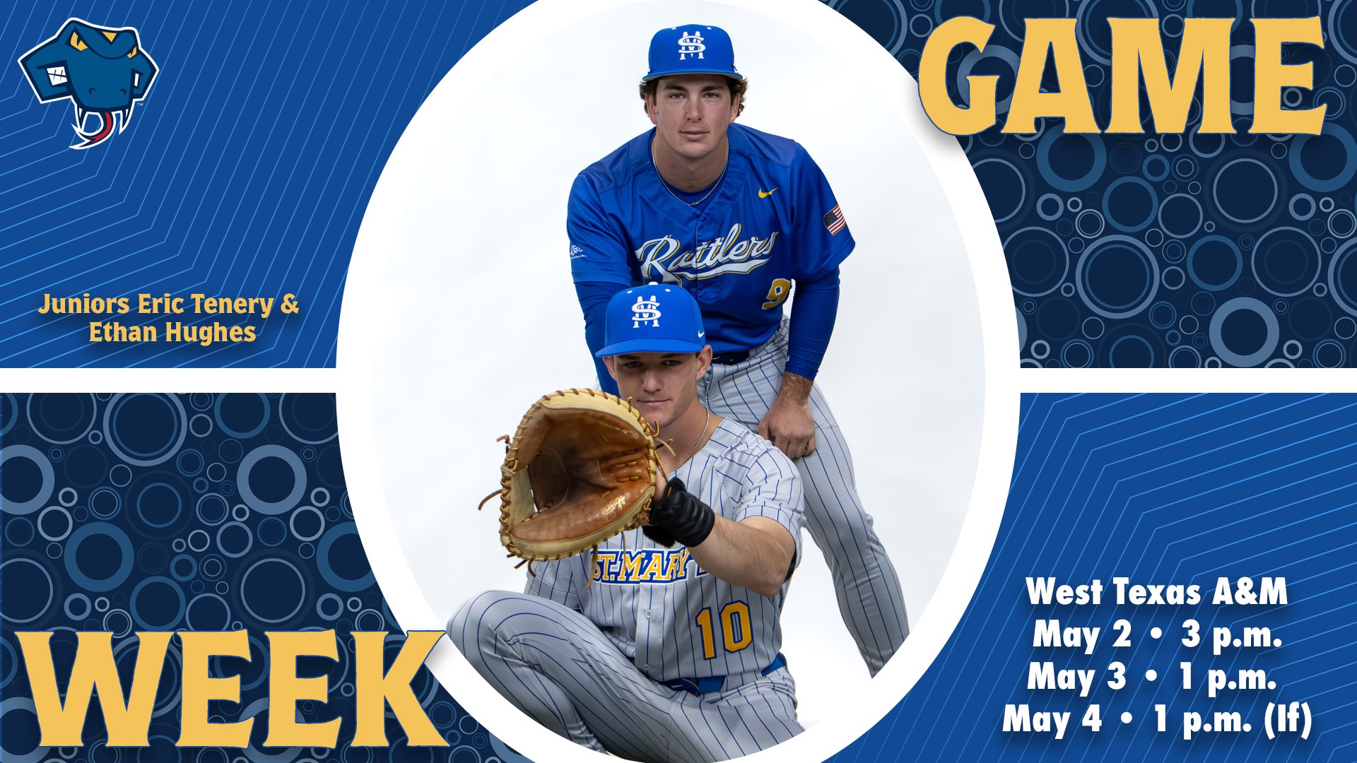 Graphic divided into quarters. In top right is the word Game, while the word Week is on the bottom left. In the center is Eric Tenery looking over Ethan Hughes shoulder like an umpire with their name to the left. In the bottom right are the words 