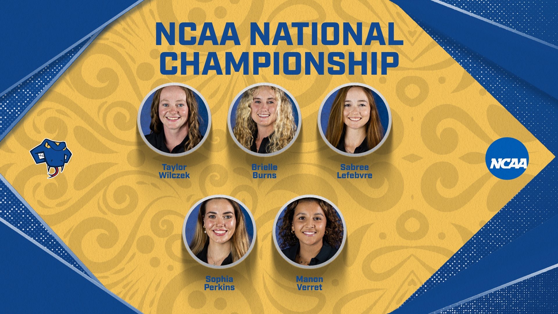 Graphic with the words NCAA National Championship across the top. Below that in circles are the headshots of the five golfers with names below them. On the left is the Rattler head and on the right is the NCAA logo.