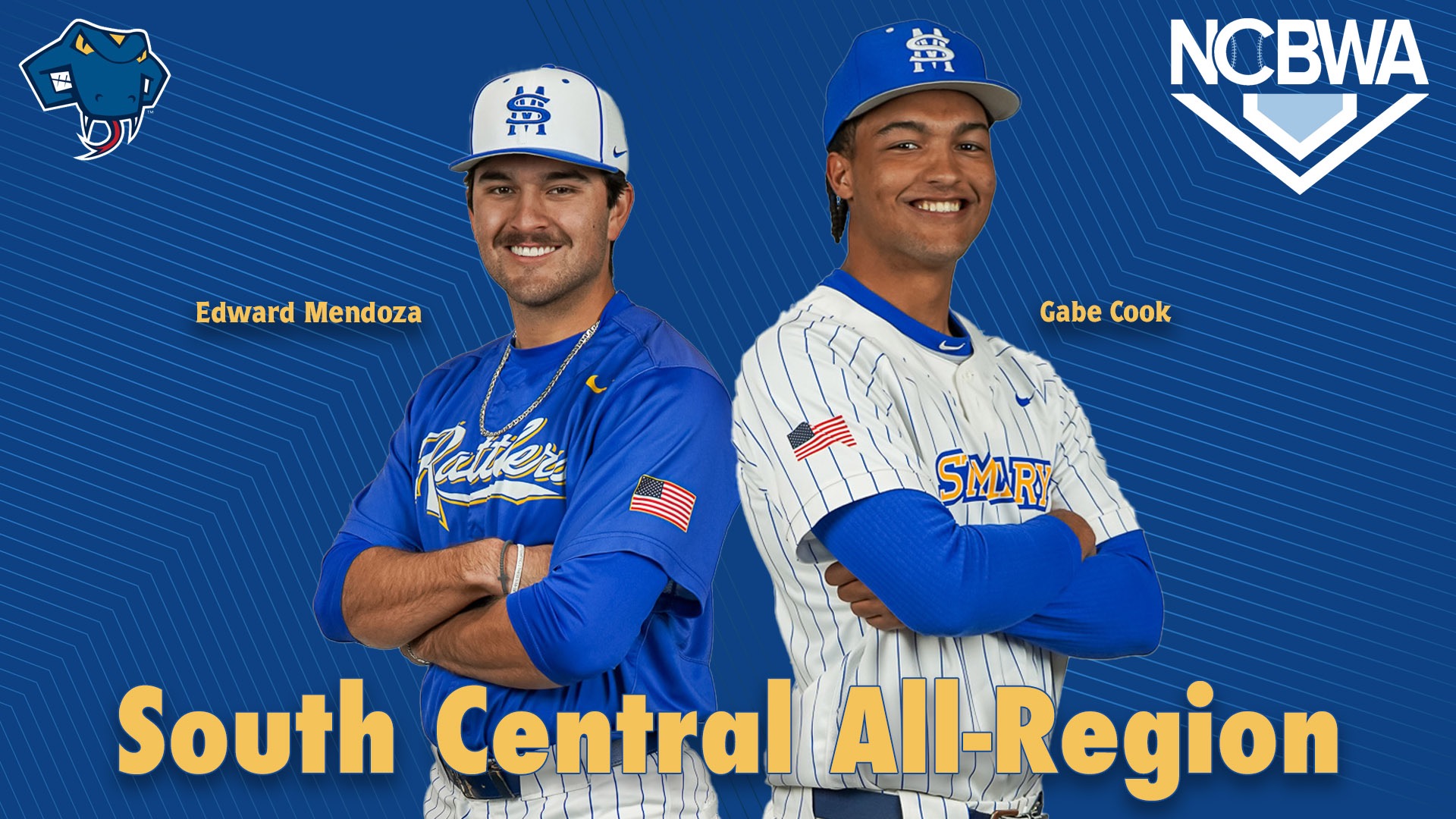 Graphic with the Rattler head in upper left corner and NCBWA logo in upper right. In the center, back-to-back with arms crossed are Gabe Cook and Edward Mendoza.