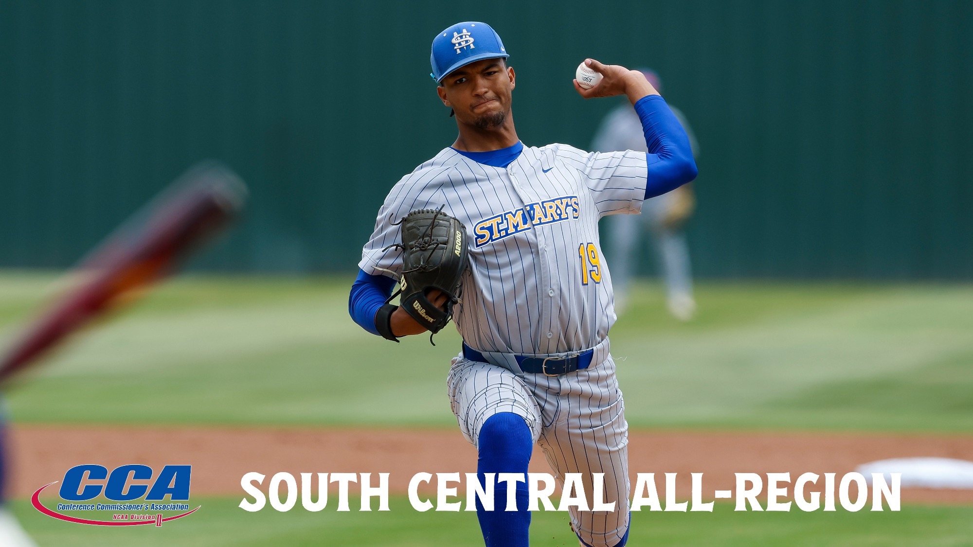 A photo of Gabe Cook pitching with the D2CCA logo in the lower left corner and in white are the words South Central All-Region