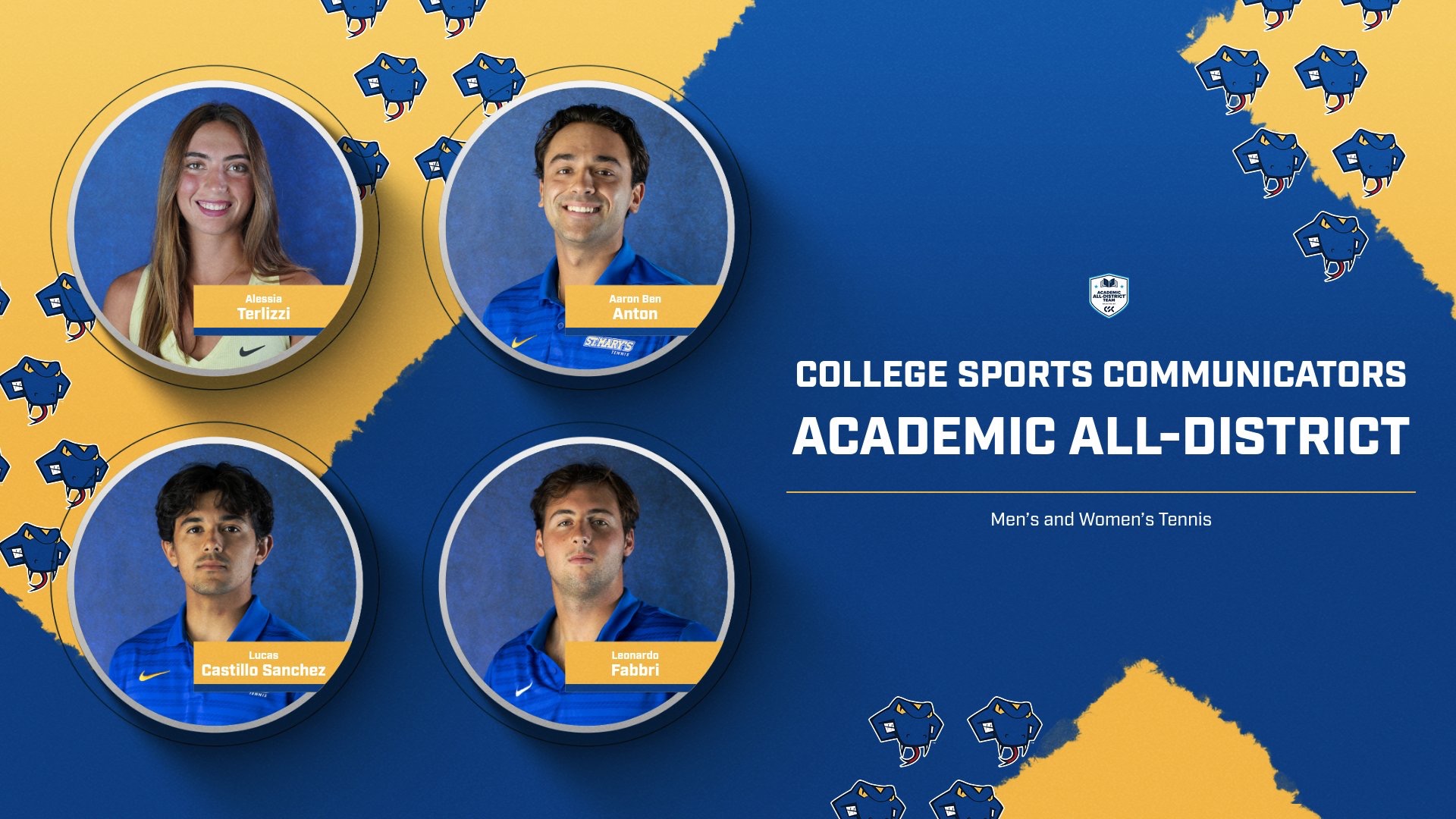 Graphic with circular headshots of Terlizzi, Anton, Fabbri and Castillo Sanchez on the left with the words College Sports Communicators Academic All-District on the right.