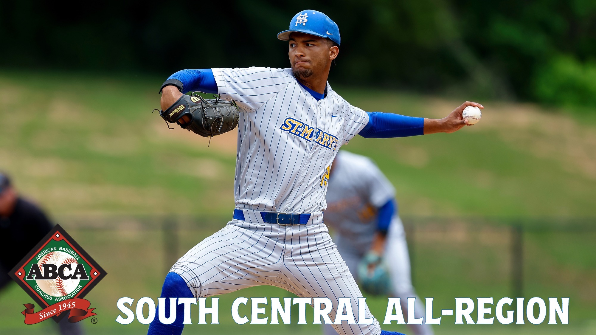 Gabe Cook pitching with the ABCA logo in the lower left corner and the words South Central All-Region to the right.