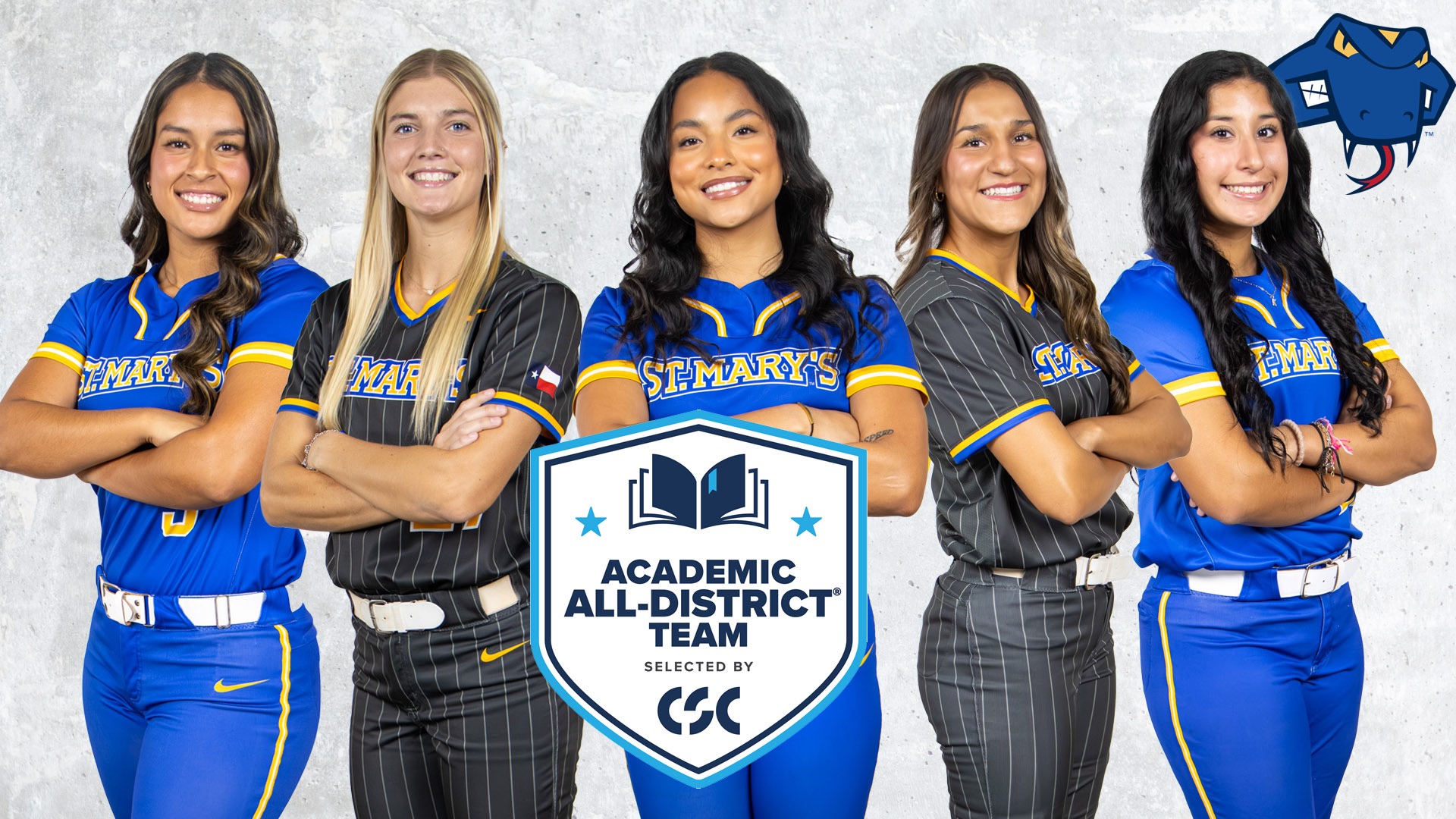 Graphic with the CSC Academic All-District logo in the center along the bottom and the Rattler head in the upper right corner. From left to right, standing with arms crossed are Bella Banda, Raegan Tennill, Samiya Johnson, Abby Dela Rosa and Iliana Melendez