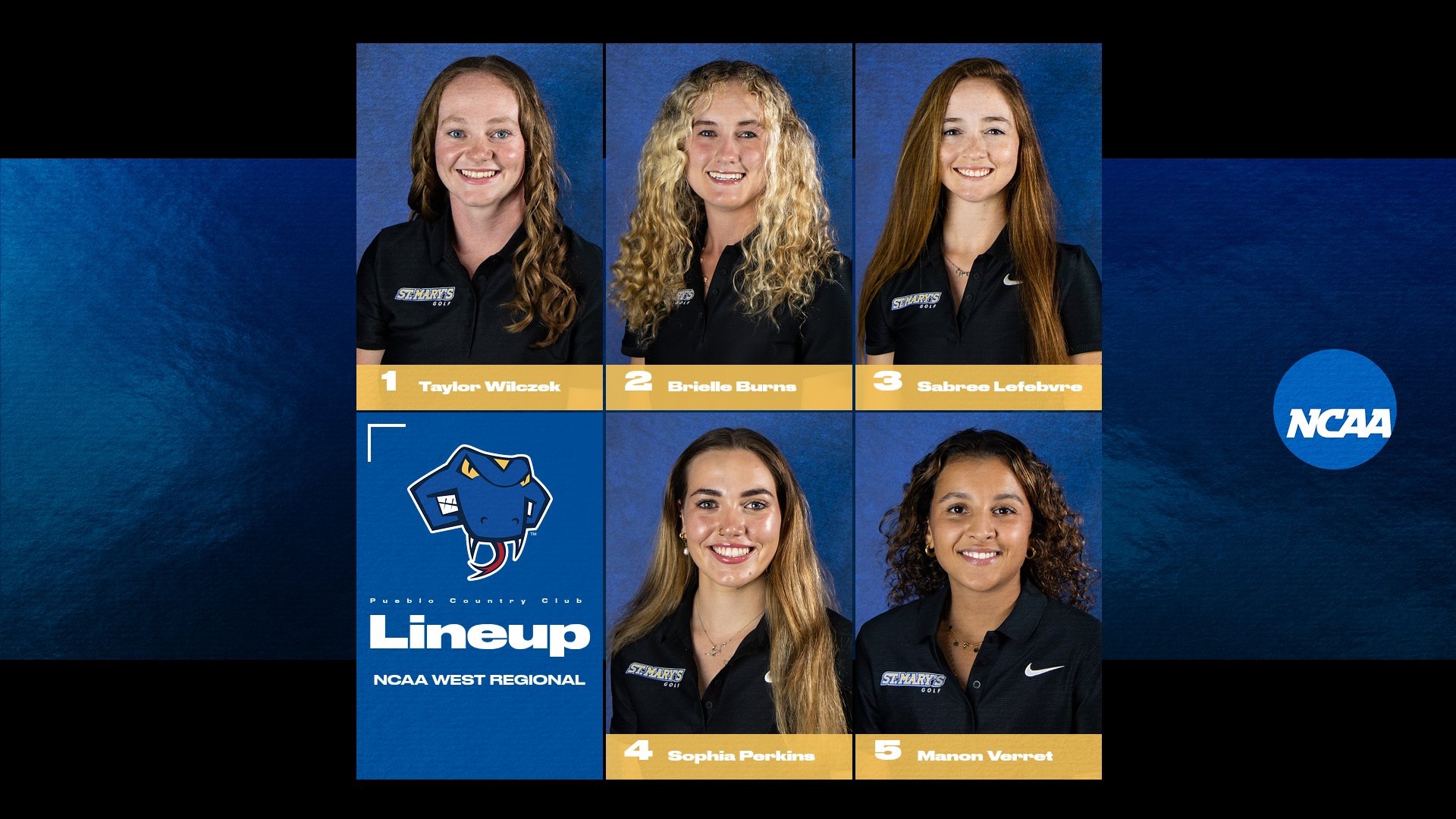 Graphic with headshots of the five golfers competing in the NCAA West Regional in two rows of three with the StMU logo in the bottom left box.