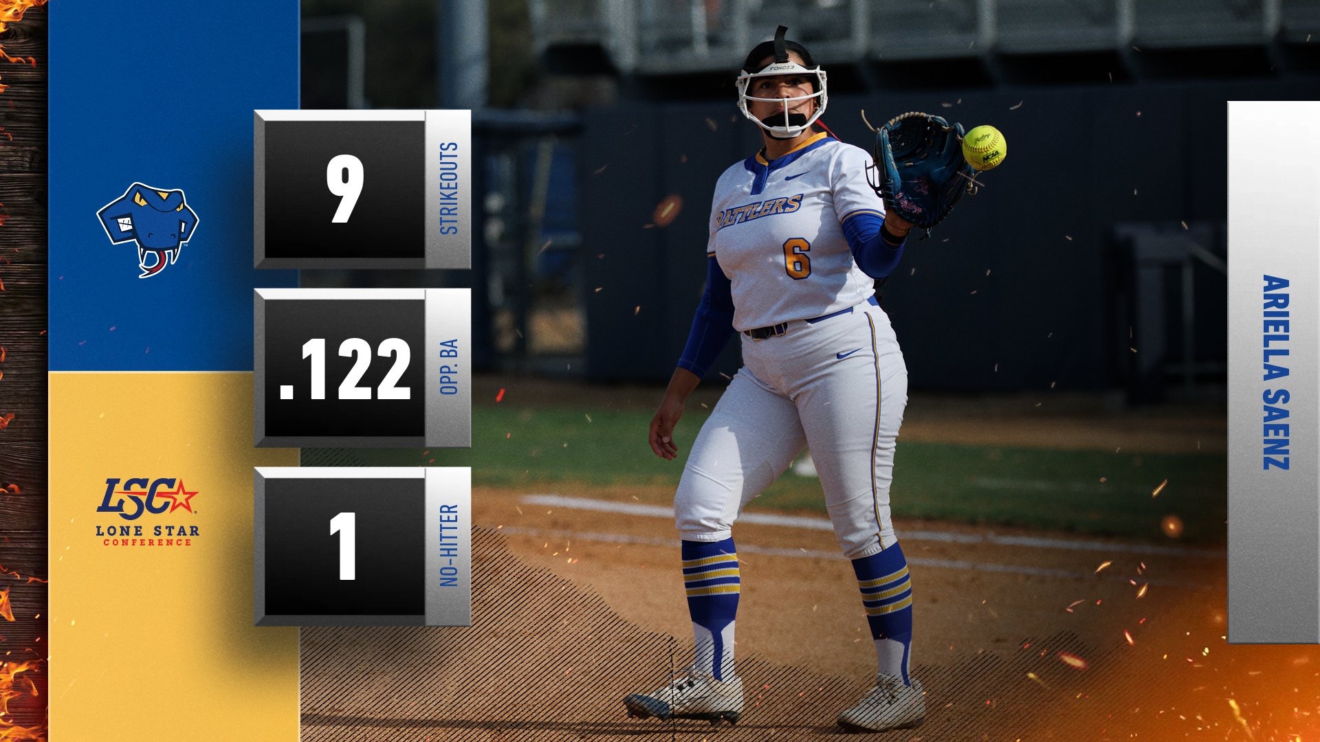 Graphic with Ariella Saenz on the right, and stats from her week in three boxes on the left.