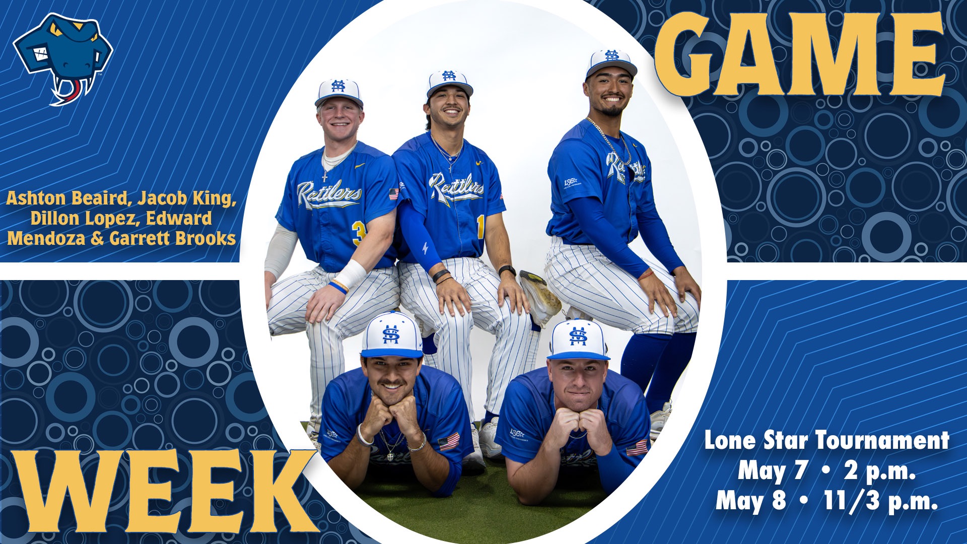 Graphic divided into quarters. In top right is the word Game, while the word Week is on the bottom left. In the center are Ashton Beaird, Jacob King, Dillon Lopez, Edward Mendoza & Garrett Brooks with their names to the left. In the bottom right are the words 