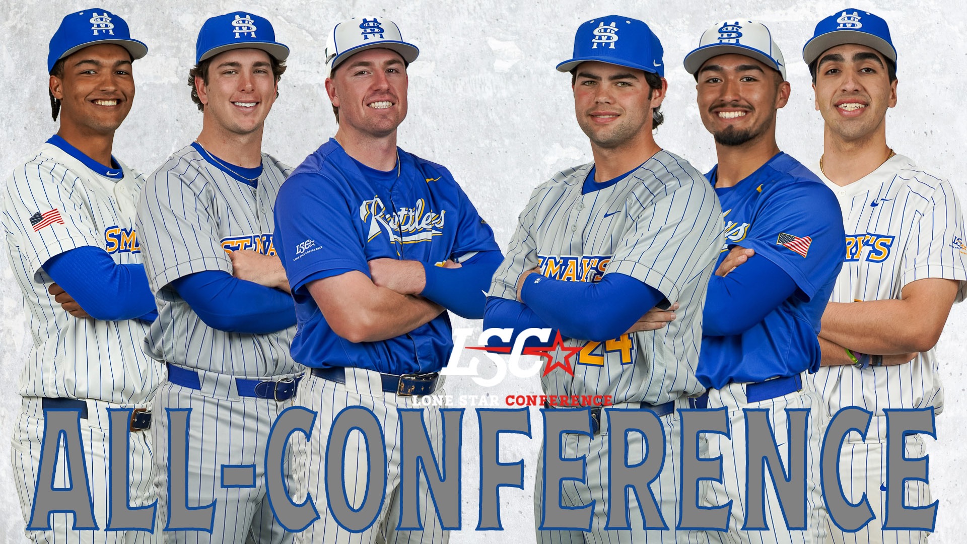 Graphic with Gabe Cook, Eric Tenery, Garrett Brooks, Derek Maples, Dillon Lopez, and Joel Burgess standing with arms crossed. The words All-Conference stretch along the bottom with the LSC logo right above it.