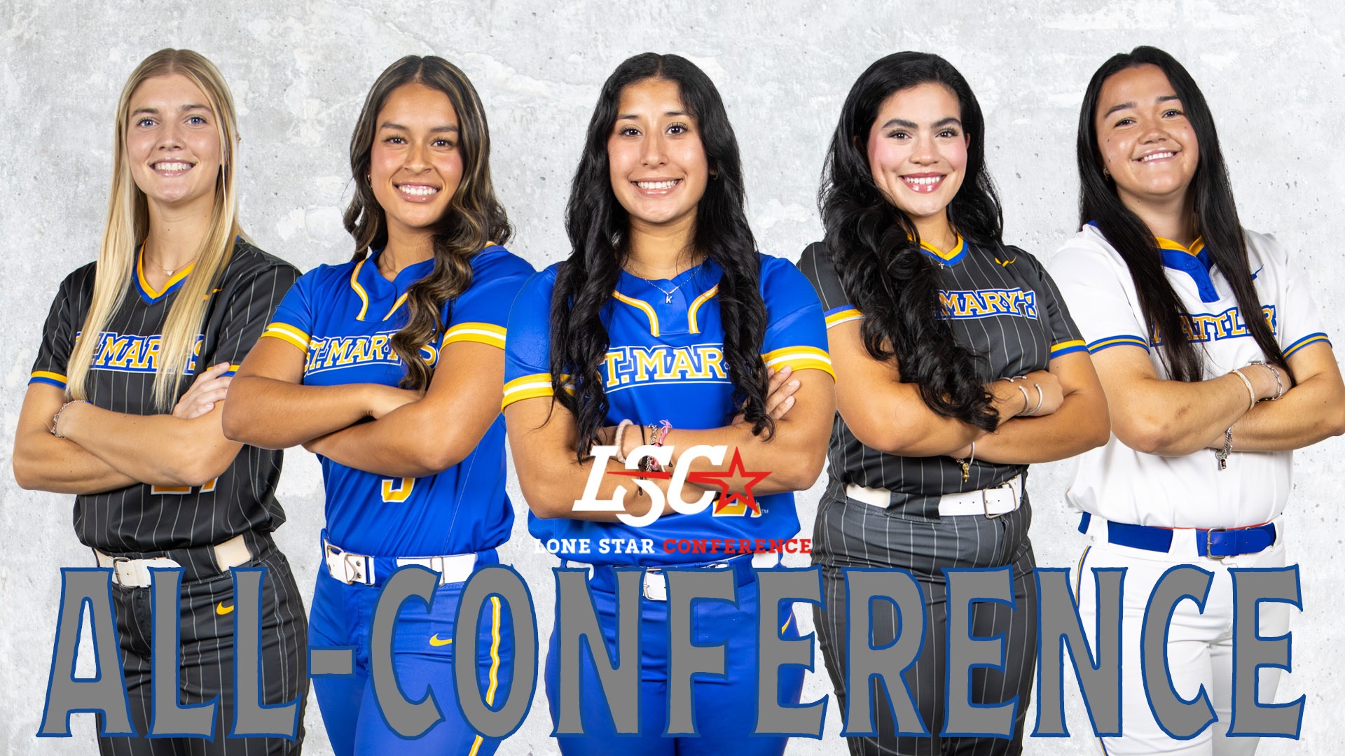 Graphic with Raegan Tennill, Gabriela Banda, Iliana Melendez, Ariella Saenz and Miah Corona smiling with arms crossed with the LSC logo above the words All-Conference which stretches along the bottom.