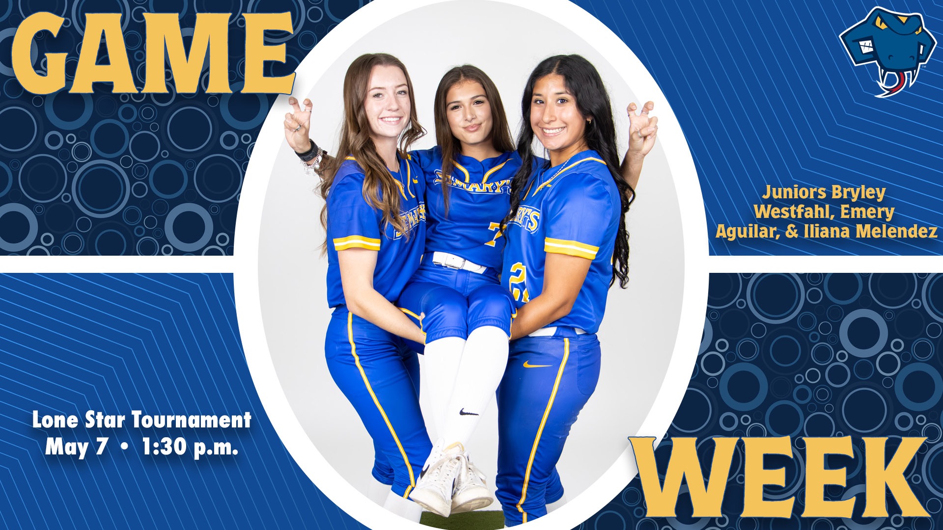 Graphic divided into quarters. In top left is the word Game, while the word Week is on the bottom right. In the center is Bryley Westfahl and Iliana Melendez holding Emery Aguilar in a basket hold with their names to the right. In the bottom left are the words 