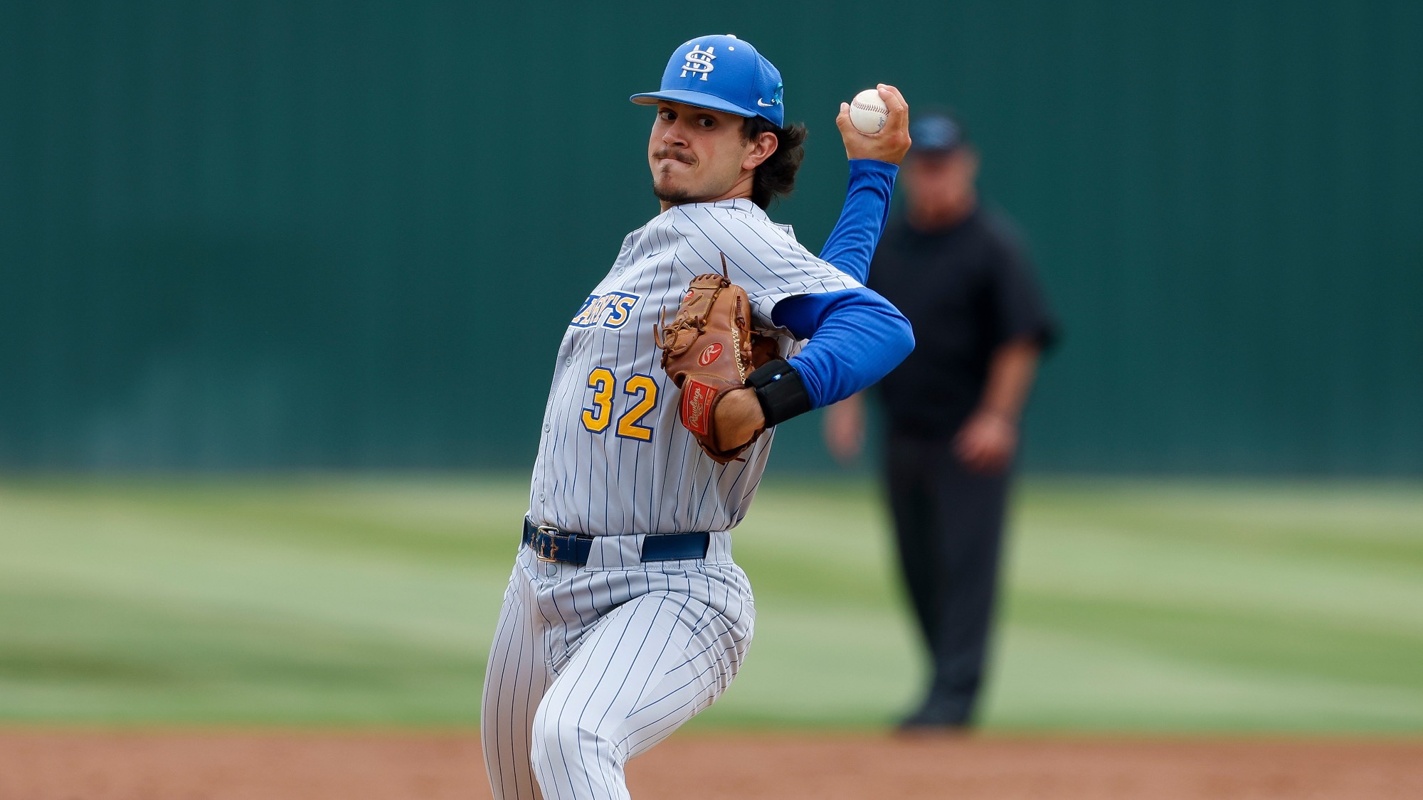 Brandon Vasquez pitches a ball toward home plate against Angelo State at UT Tyler.