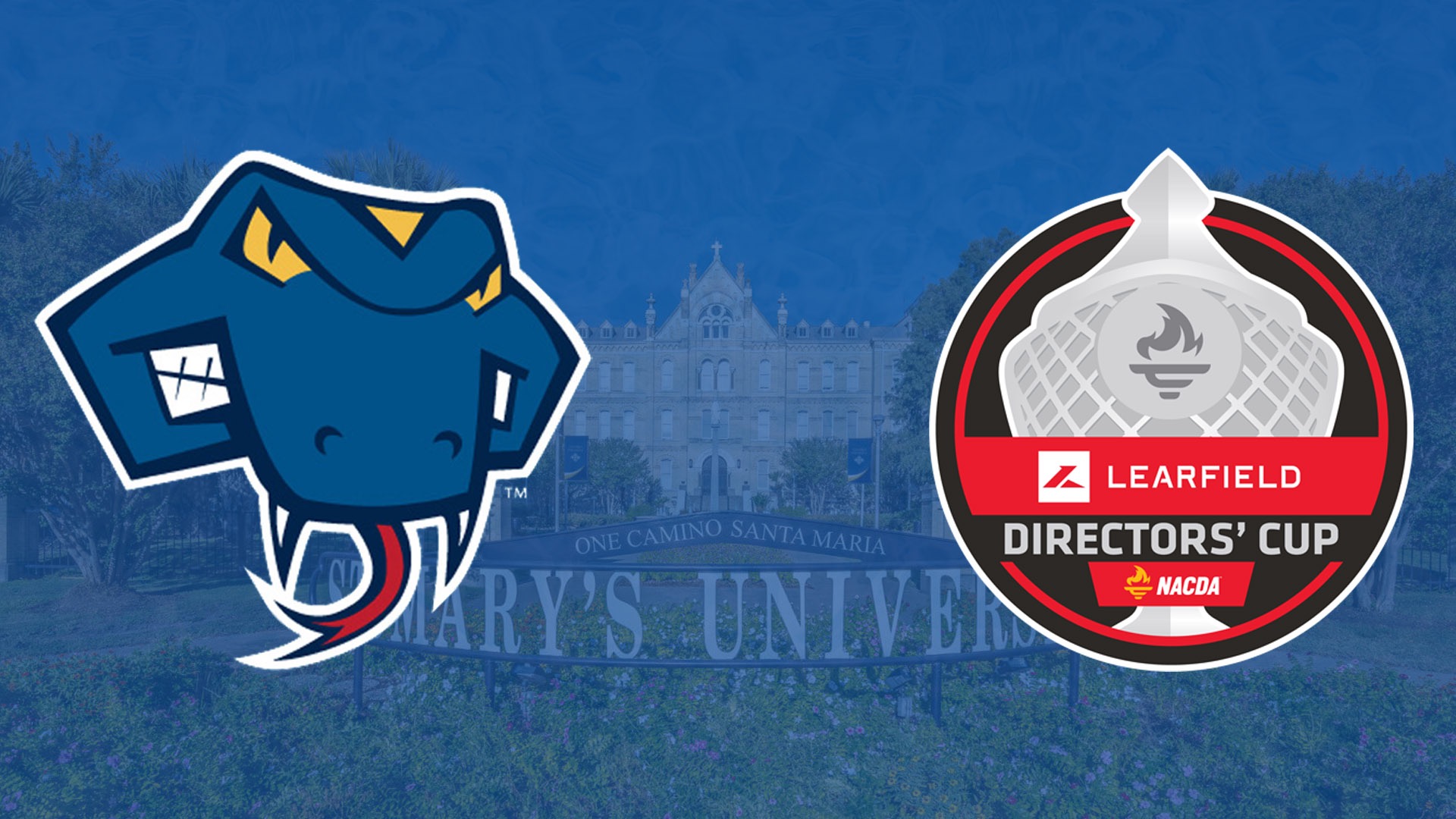 Graphic with the Rattler head on the left, the NACDA Learfield logo on the right and a picture of campus faint behind them.