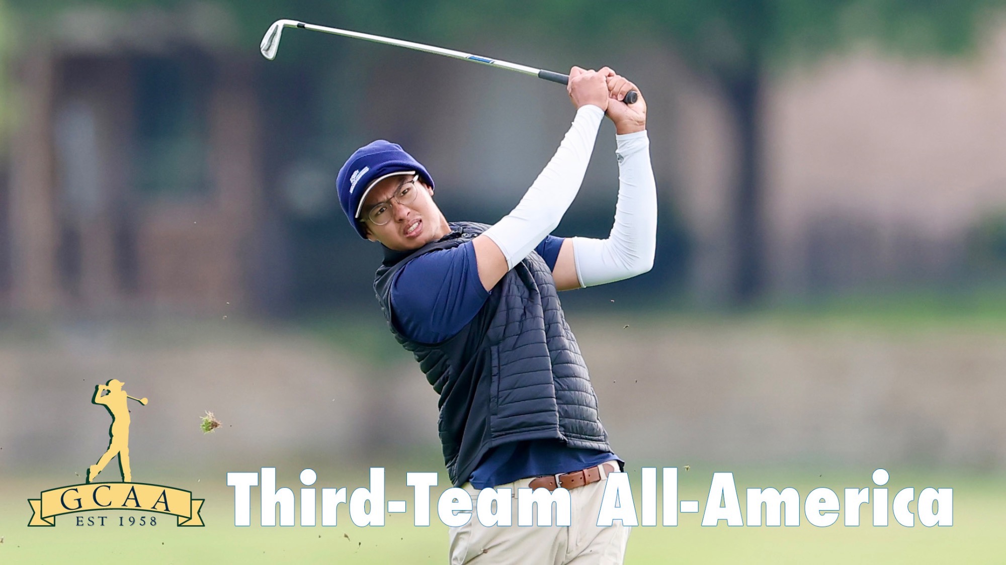 Action shot of Kongpop Kaikaew with the GCAA logo in the lower left hand corner and the words Third-Team All-America to the right of it.