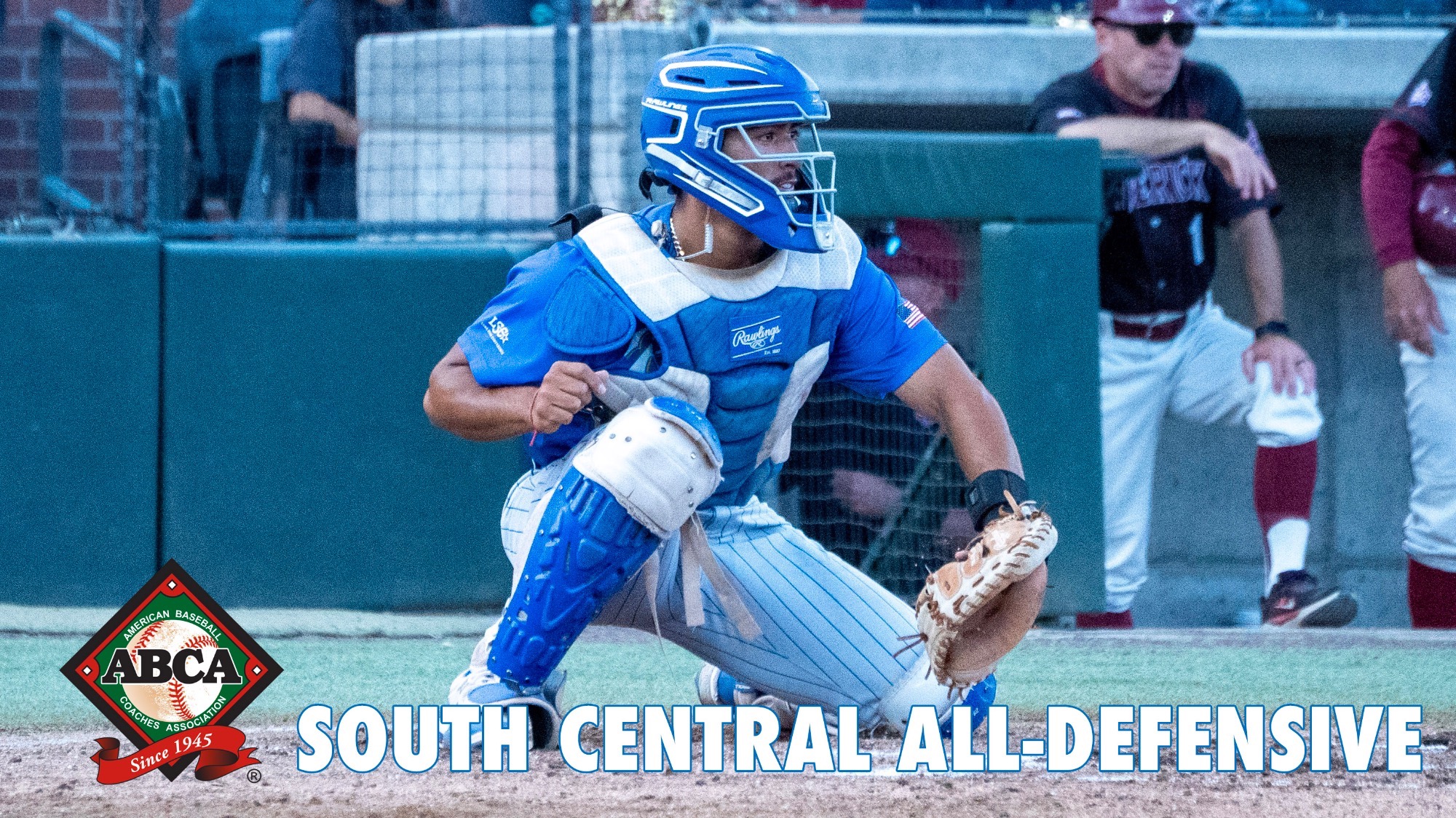 Graphic with Dillon Lopez catching the ball behind the plate. The ABCA logo is in the lower left corner with the words South Central All-Defensive to the right of them.