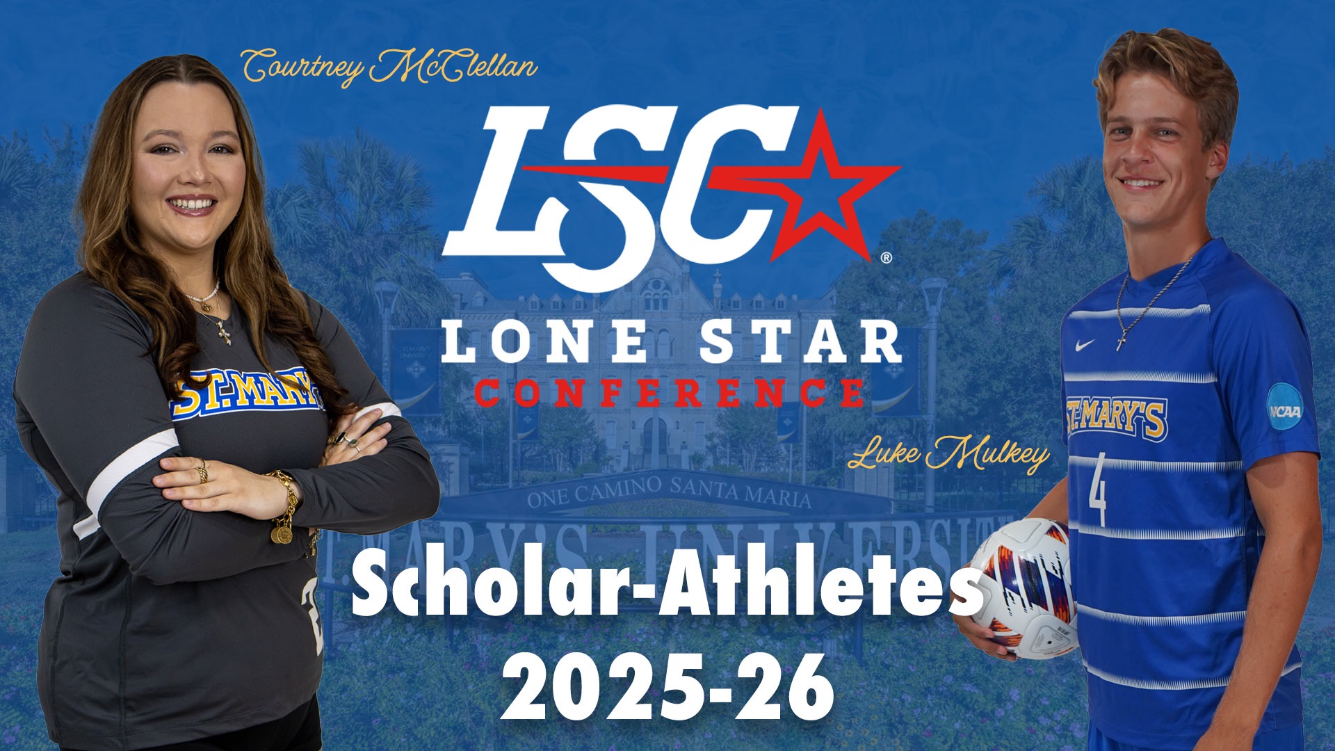 Graphic with Courtney McClellan on the left and Luke Mulkey on the right. Between them is the LSC stacked logo with the words 