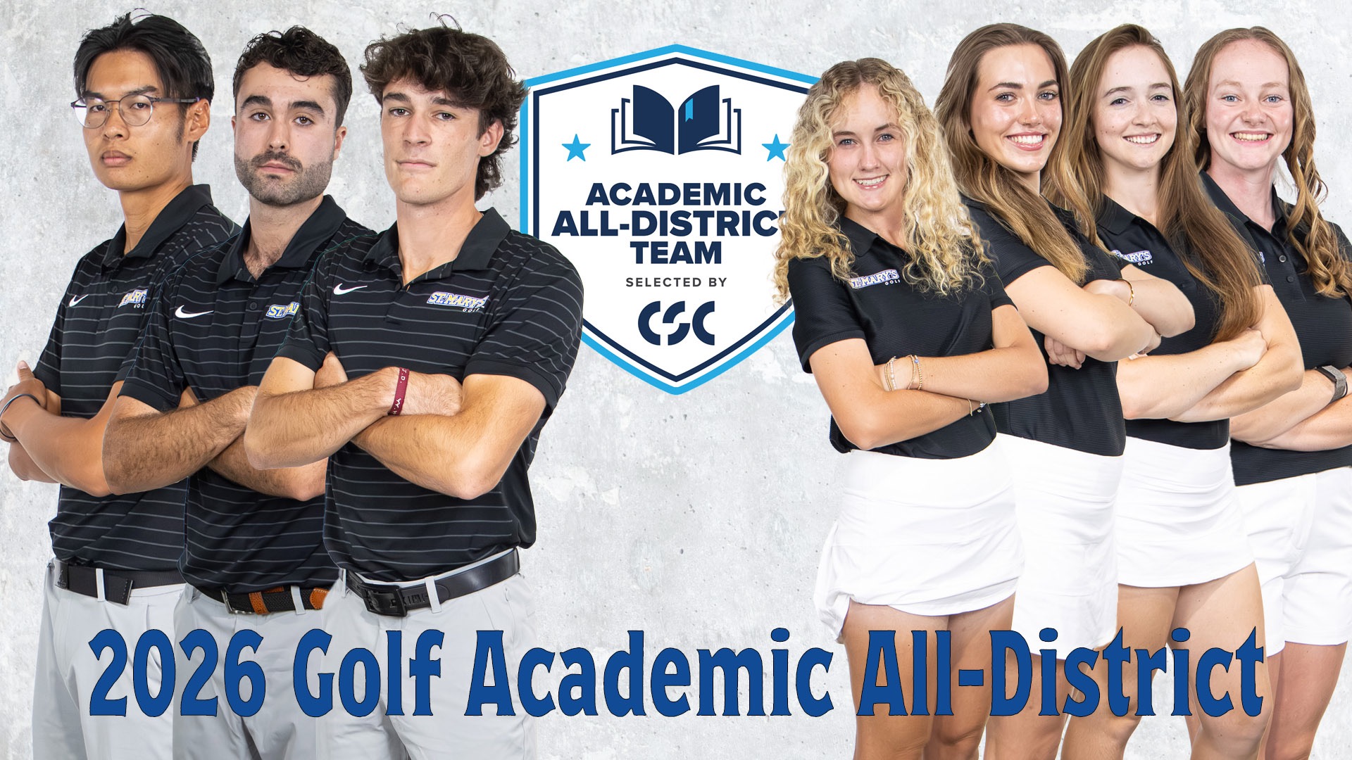 Graphic with the CSC Academic All-District shield in the middle. On the left are the men's honorees, Kongpop Kaikaew, Guillaume Paquette and Baptiste Touchard. On the right are the women: Brielle Burns, Sophia Perkins, Sabree Lefebvre and Taylor Wilczek.