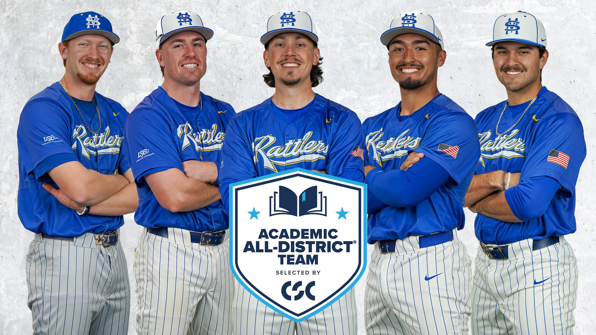 Graphic with the five CSC Academic All-District honorees standing with arms crossed. The AAD logo is in front of them.