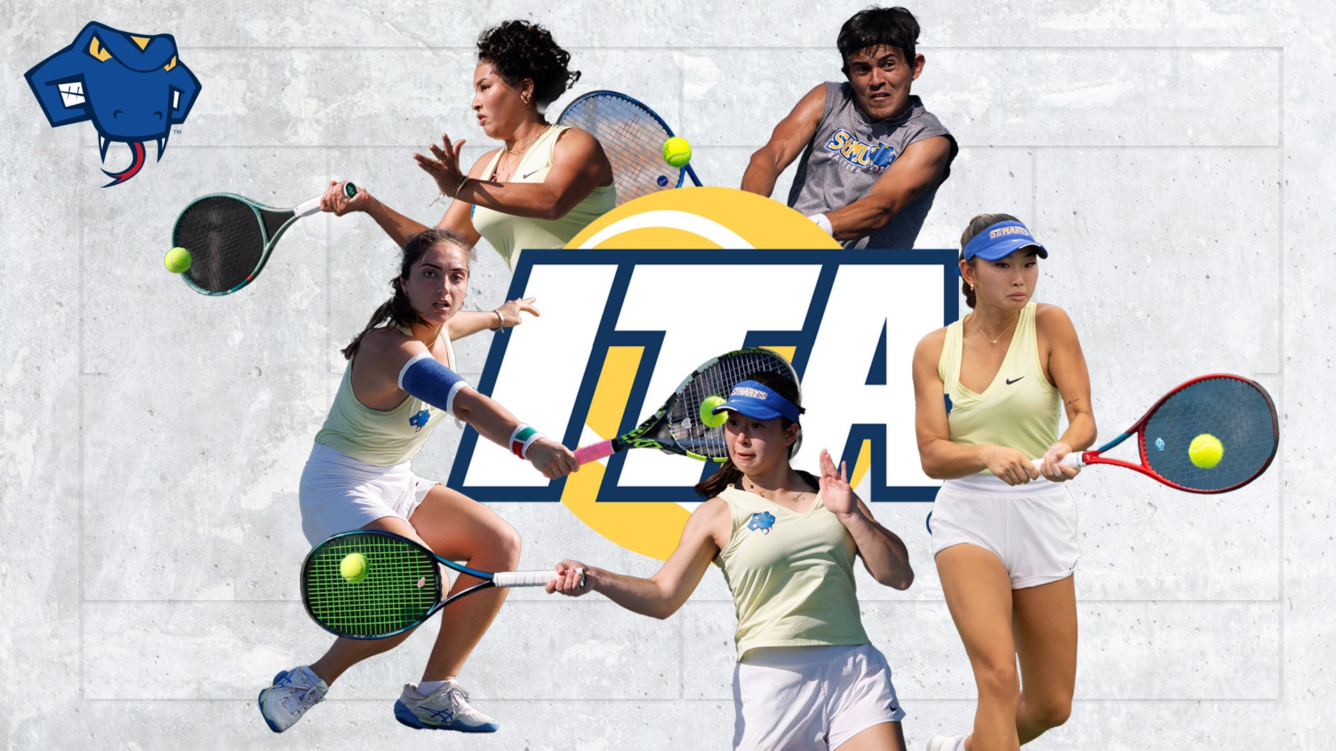Graphic with the ITA logo in the middle and action shots of Lucas Castillo Sanchez, Selina Wu, Janel Ospanova, Alessia Terlizzi and Gia Posito surround it clockwise.