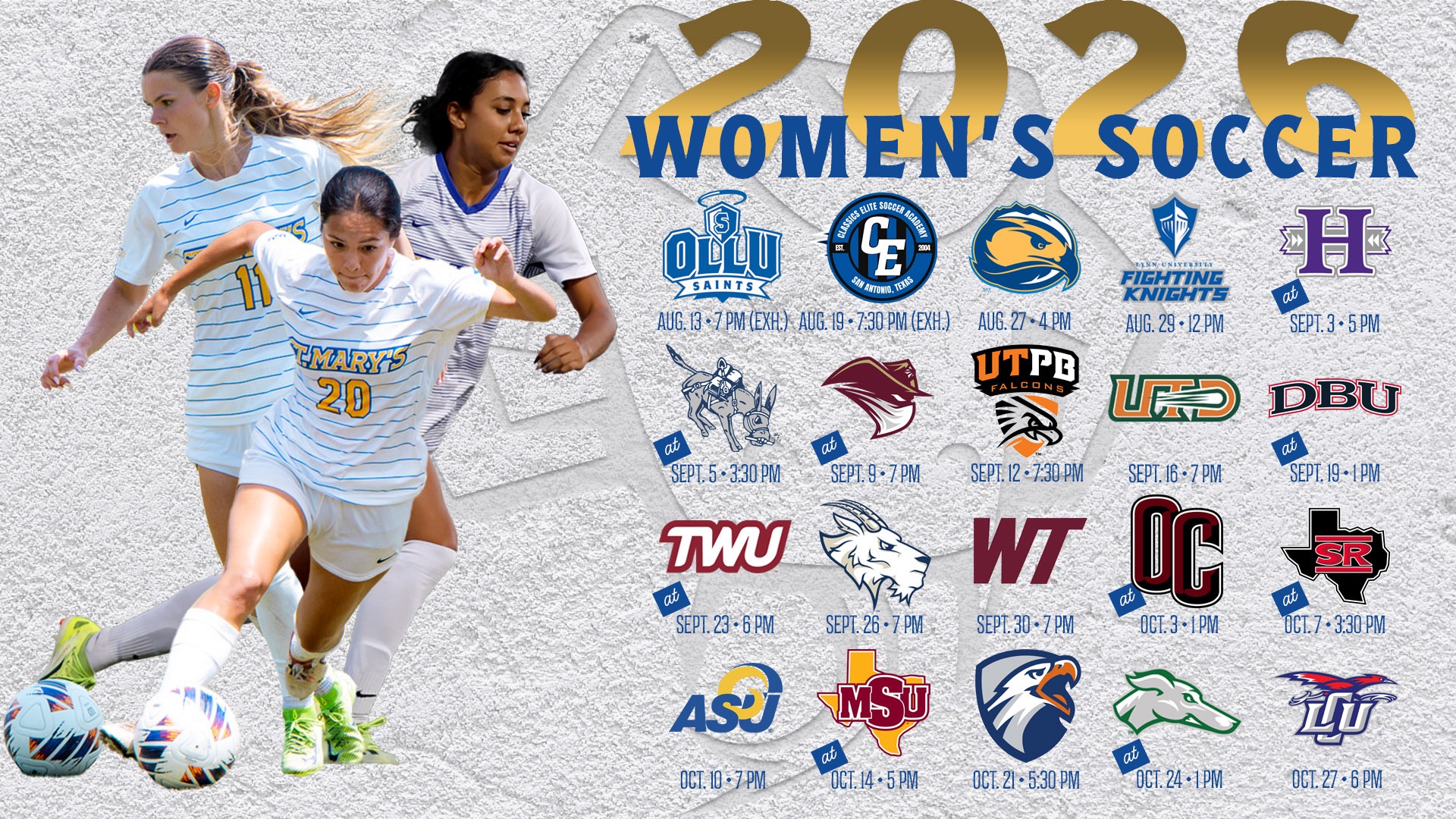 Graphic with the three seniors on the left (Elena Kossler, Michelle Ramirez, Malia Dominguez). On the right in a grid format are the games with opponent logos, dates and times.
