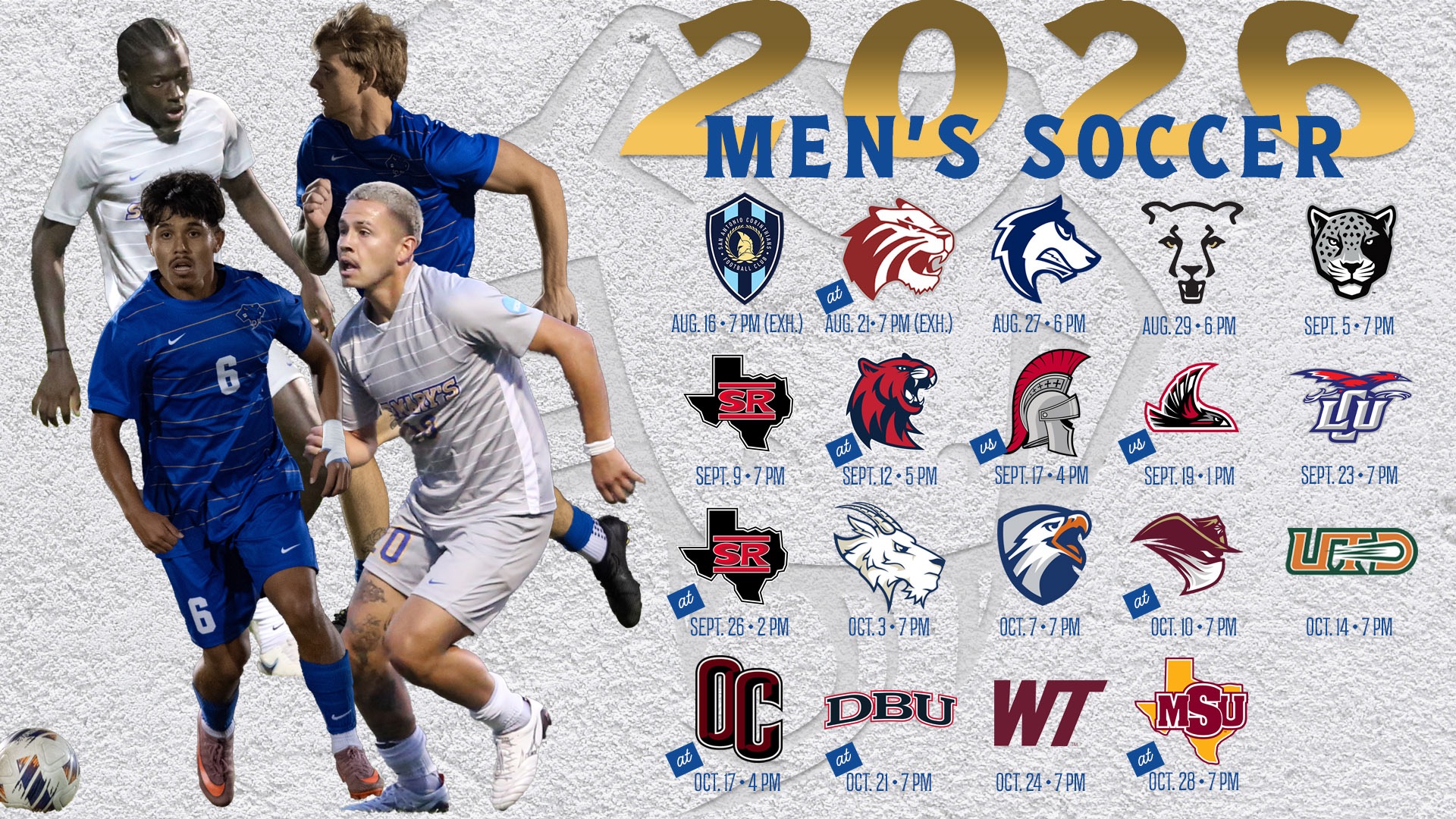 Graphic with action shots of the four returning seniors on the left and a four by five grid of the logos, dates and times of the 2026 schedule on the right.