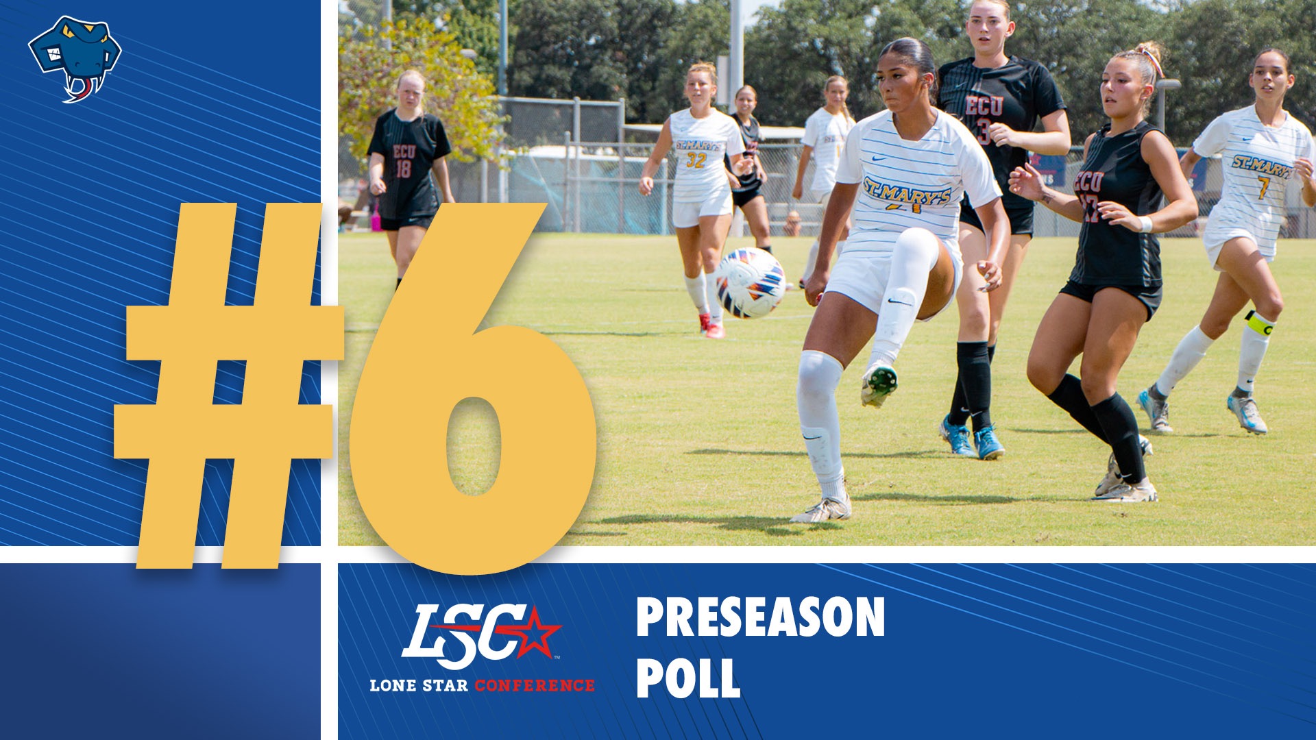 Graphic with a large gold #6 on the lower left side with the LSC logo below it and the words Preseason Poll to the right of the logo. Marily Garza Contreras is kicking the ball in the upper right corner.