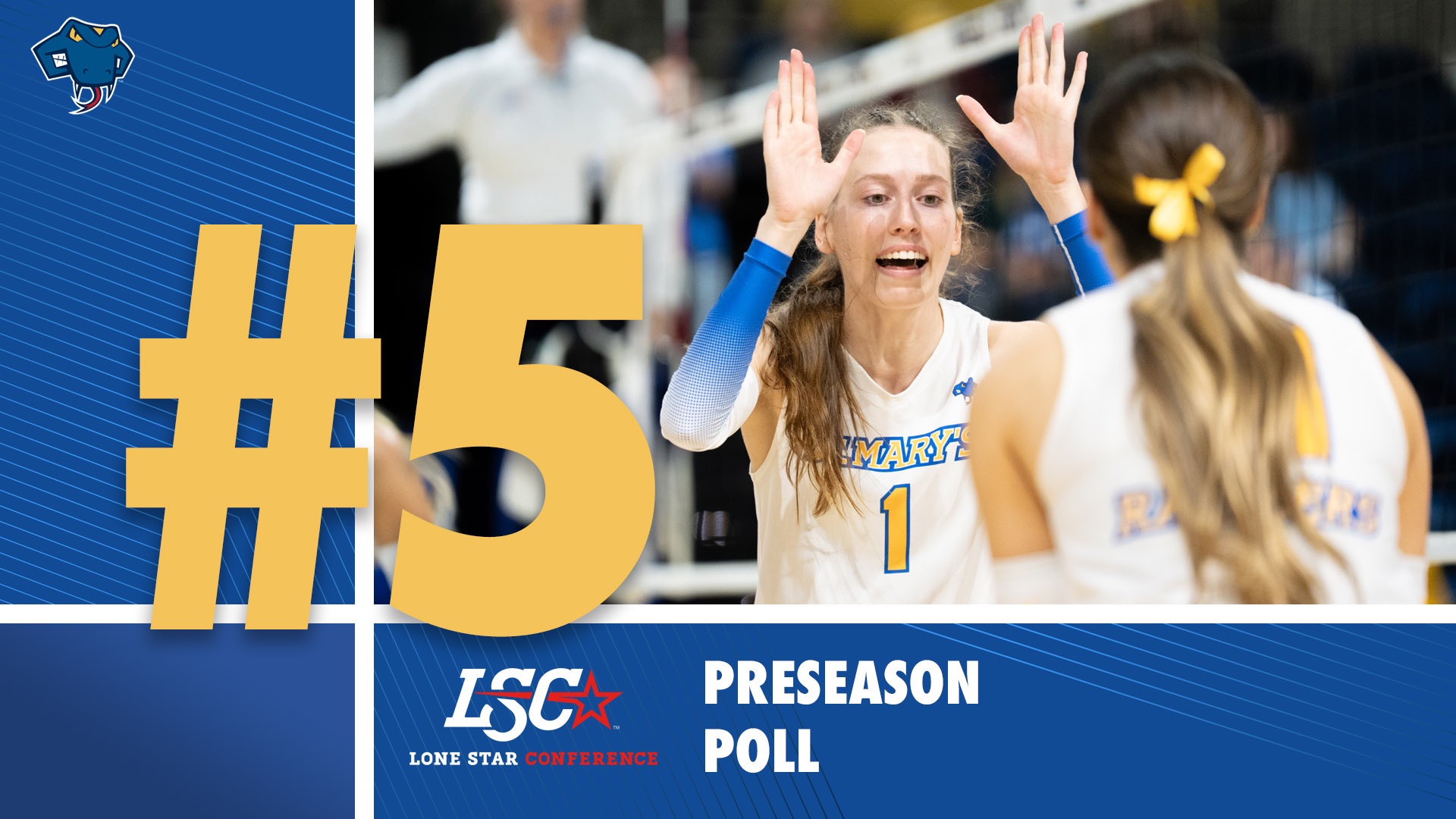 Graphic with a large gold #5 on the left with the Lone Star logo below it and the words Preseason Poll to the right of it. In the upper right is a picture of Haleigh Wilk giving a two-handed high-five to a teammate.