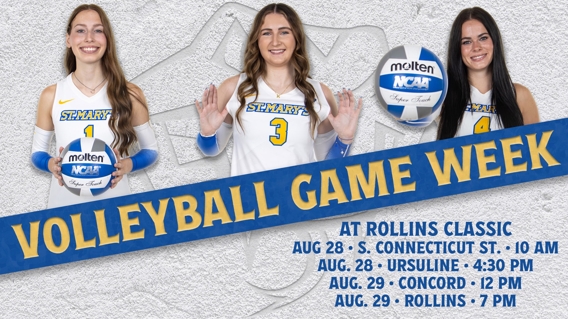 Graphic with the words Volleyball Game Week at an angle through the center. On the bottom right is the schedule for the week. Athletes in the top across the back are Haleigh Wilk, Kaitlyn Kirschner and Chandley Tolbert.