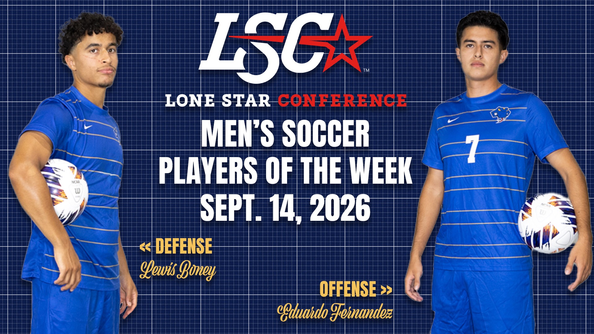 Graphic with Lewis Boney on the left and Eduardo Fernandez on the right. In the middle of them is the Lone Star Conference logo and the words 