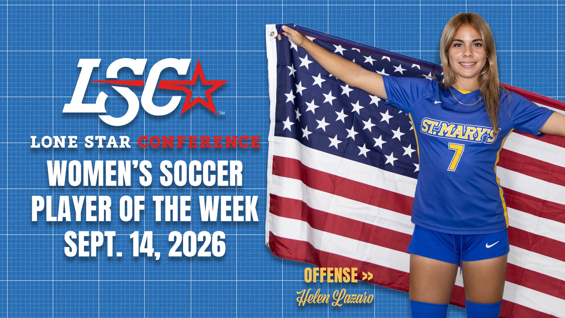 Graphic with Helen Lazaro holding an American flag behind her. She is on the right. On the left are the LSC logo and the words 