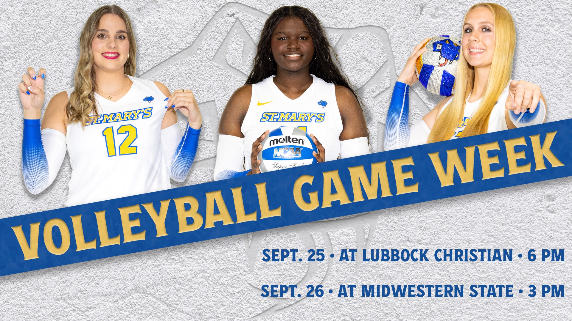 Graphic with the words Volleyball Game Week at an angle through the center. On the bottom right is the schedule for the week. Athletes in the top across the back are Madi Milligan, Madyson Carr and Tara Creekmore.