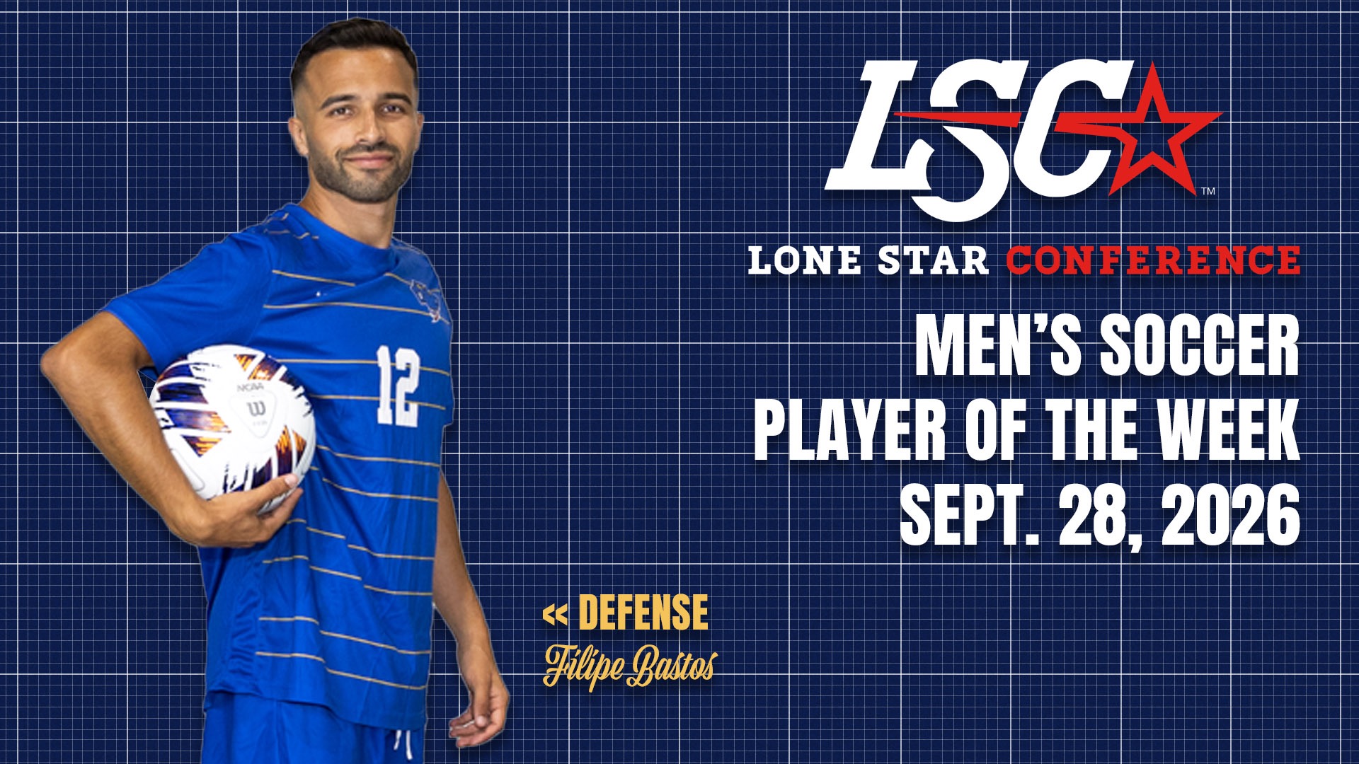 Graphic with Filipe Bastos on the left. On the right is the LSC logo and the words Men's Soccer Player of the Week Sept. 28, 2026
