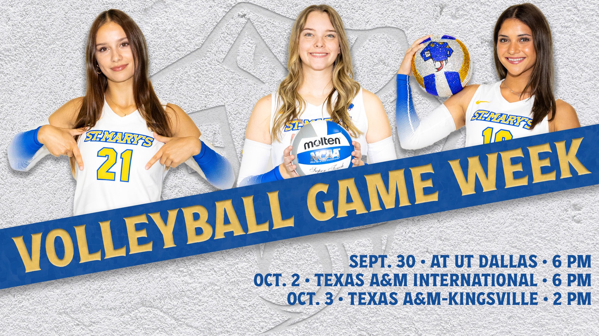 Graphic with the words Volleyball Game Week at an angle through the center. On the bottom right is the schedule for the week. Athletes in the top across the back are Sonia Bojarska, Kelly Swyers & Julianna Guajardo