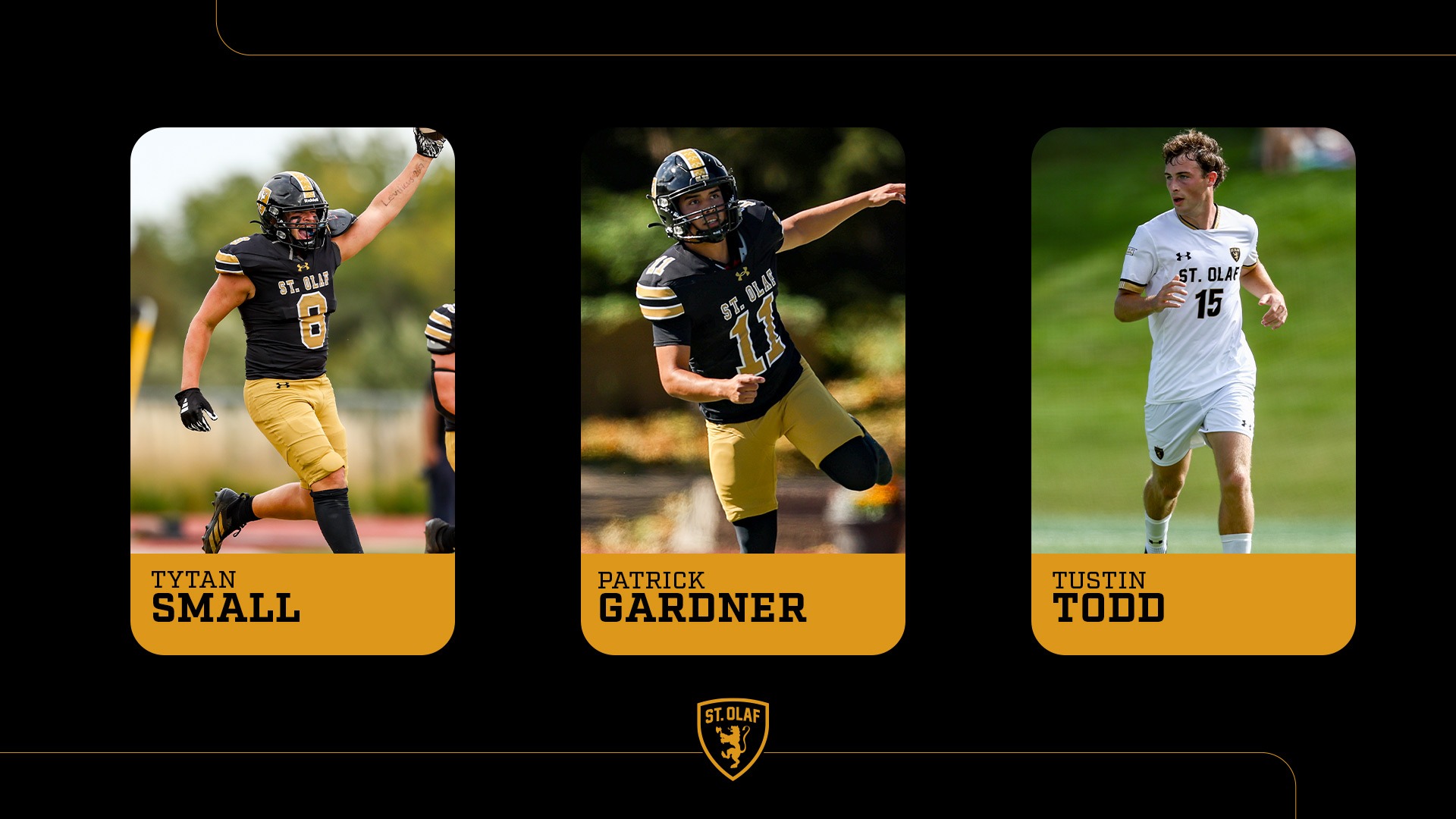 A graphic with St. Olaf's three MIAC Athletes of the Week for Oct. 5, 2026.