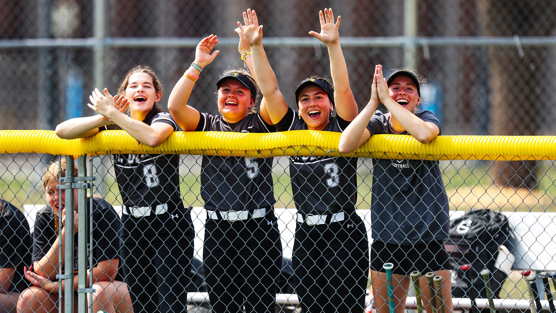 Members of the St. Olaf softball team cheer on the bench.