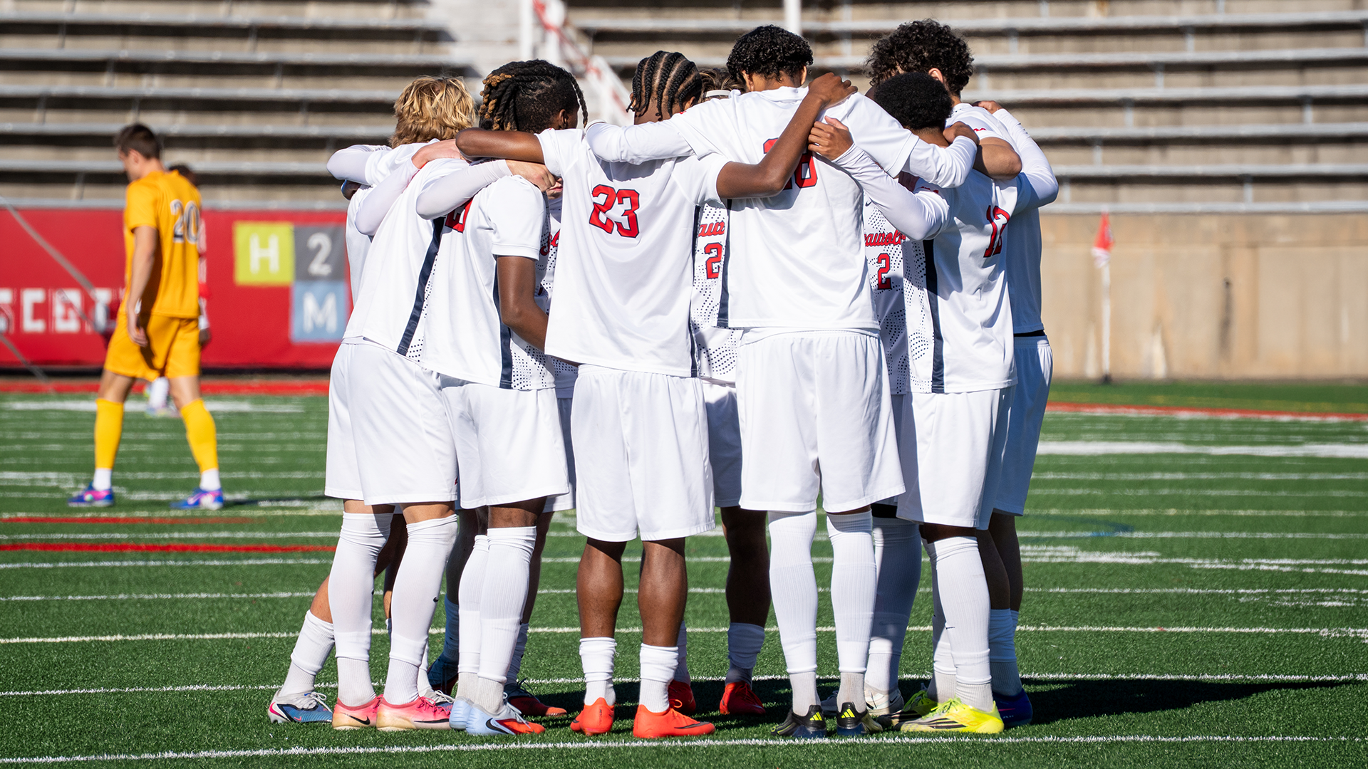 Men's Soccer group huddle vs Drexel