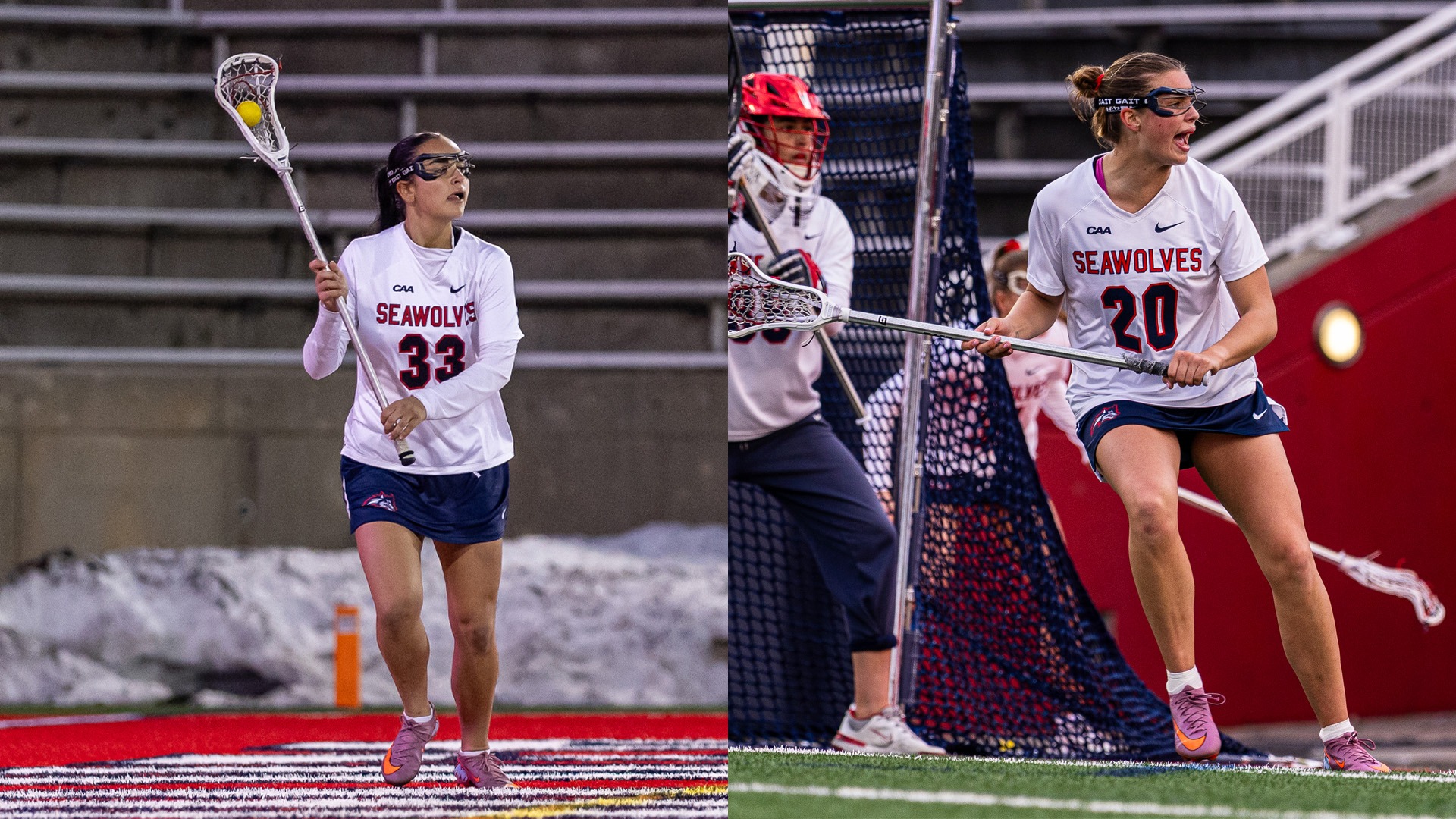 Photo of Stony Brook's Mirabella Altebrando and Hailey Huebner playing lacrosse.